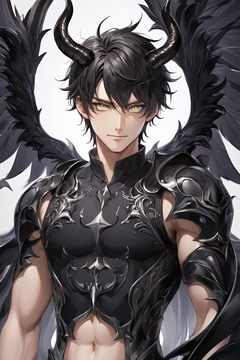 masterpiece, best quality, mature male, cowboy shot, 1boy, hair around ear, black hair, silver eyes, shiny eyes, demon horns, (black horns), demon wings, (big black wings), cruel, seductive smile, anime eyes, douyin eyes, detailed eyes, high detail eyes, multicolored iris, detailed iris, dark lashes, black shirt, (2 buttons opening shirt), [muscular], Porcelain-like skin, cool tone, dark background