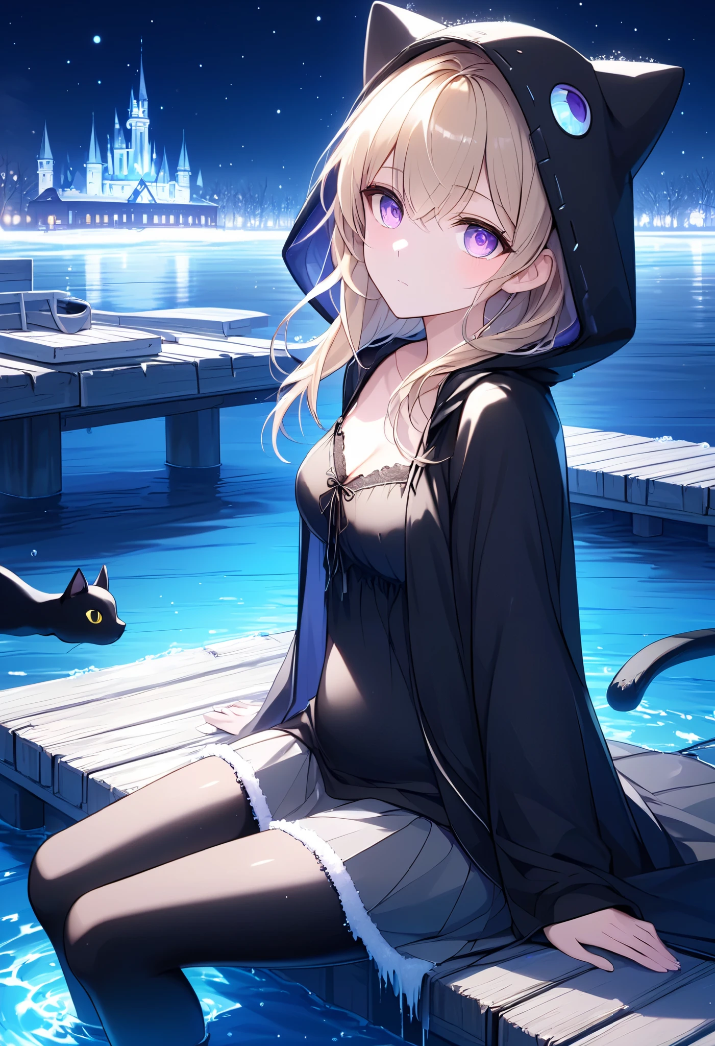High Resolution, High Quality, High Detail, frozen dock, night, 1girl, blonde hair, violet eyes, medium breasts, black cat hood, black cloak, black camisole with grey trim, grey skirt, black leggings, sandals, looking at viewer, arms behind back, reaching for viewer, side profile, feet in water, zoom in, sitting on dock, sitting beside viewer, viewer beside girl