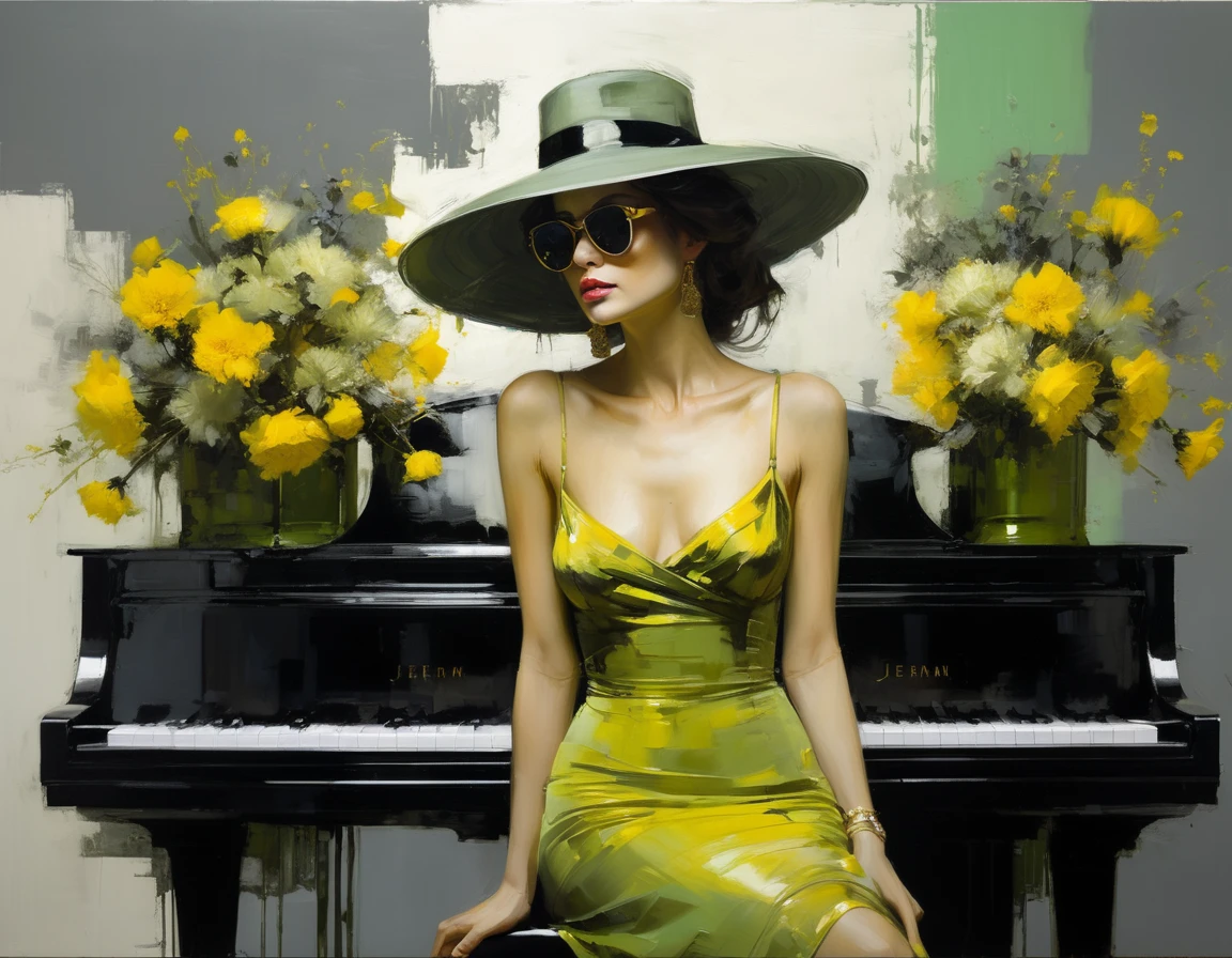 painting of a young woman, WEARING SUNGLASSES AND ELEGANT HAT, APPROXIMATE BUST, with BLACK, YELLOW and gold dress, and black background, light green and beige tones, ((GRAY PIANO,)).. BRONZE VASE. GREEN VASE, many flowers,,,,, erect posture, partially dressed. sexy painting, erect body, jeremy mann style, jeremy mann art, jeremy mann painting, alessandro pautasso art, painting of a woman, james gurney painting style, jeremy mann, influenced by jeremy mann, grayscale photo in red dress, ryan hewett