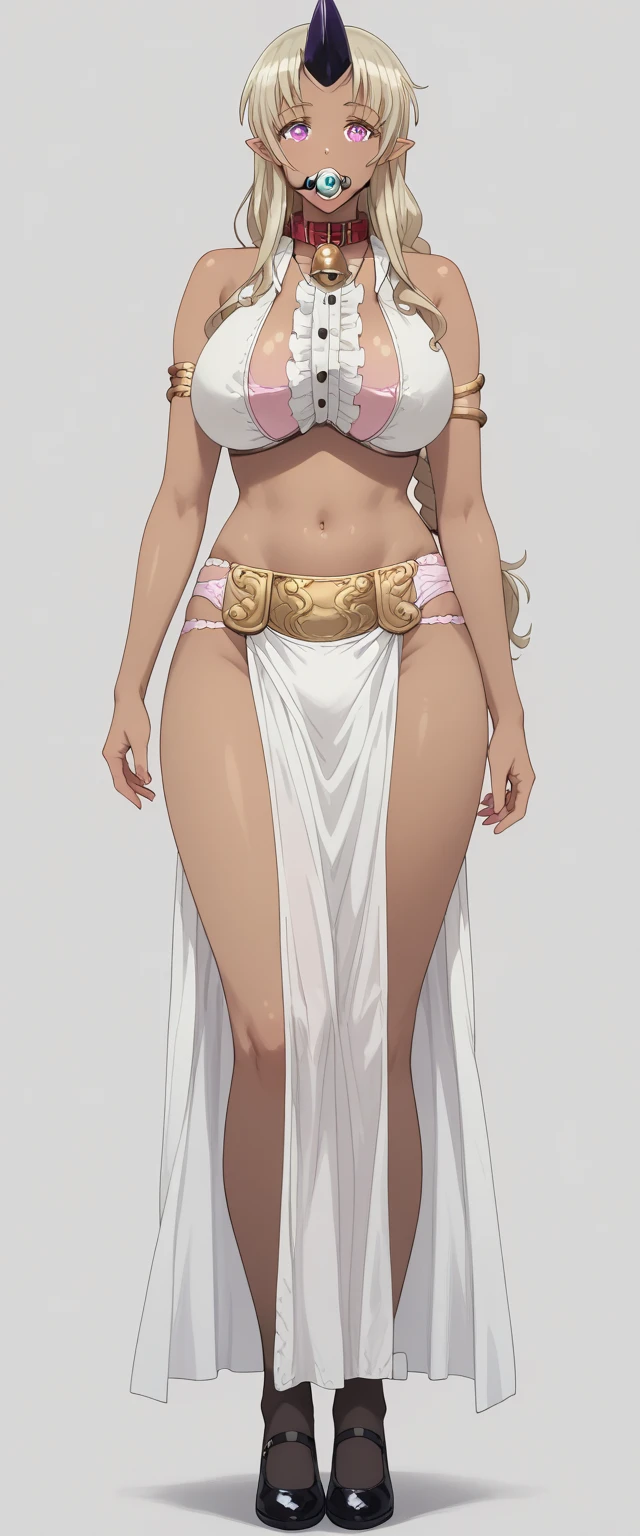 full body, whole body. (1SOLOMILF standing straight symmetrical looking to viewer loincloth) lefthand on hips and righthand behind head full body, 1solo (girl) slave fighter, metal sandals, 2 crossing big belts attaching hips, view from below, barefoot together, bracers, tiara, leather collar choker neck bell, cleavage, shackles wristbands, long messy white silver platinum hair