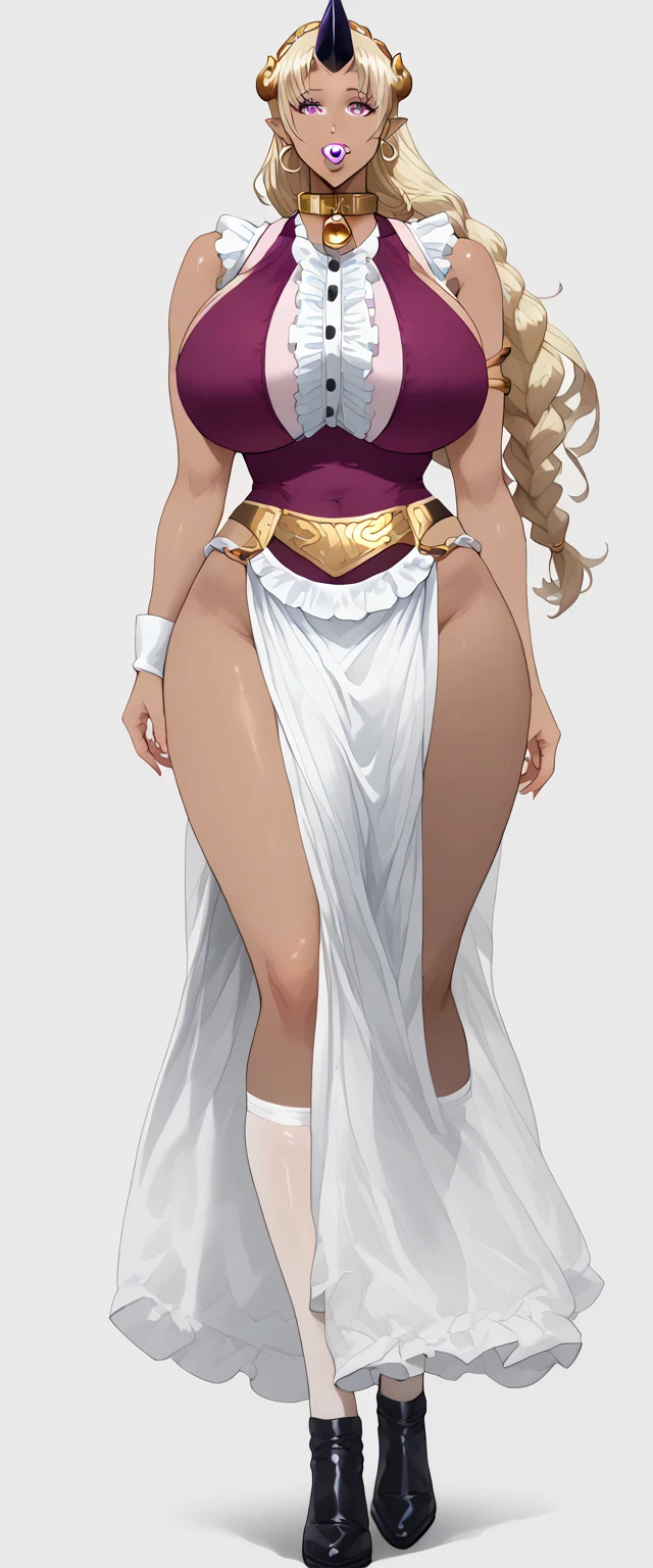 (Masterpiece), full body of a cleric female, big breast, detailed face, smooth skin, full portrait, standing straight, shackles on arms and legs, black chocker on neck, SFW, WHITE TOGA and18, earrings