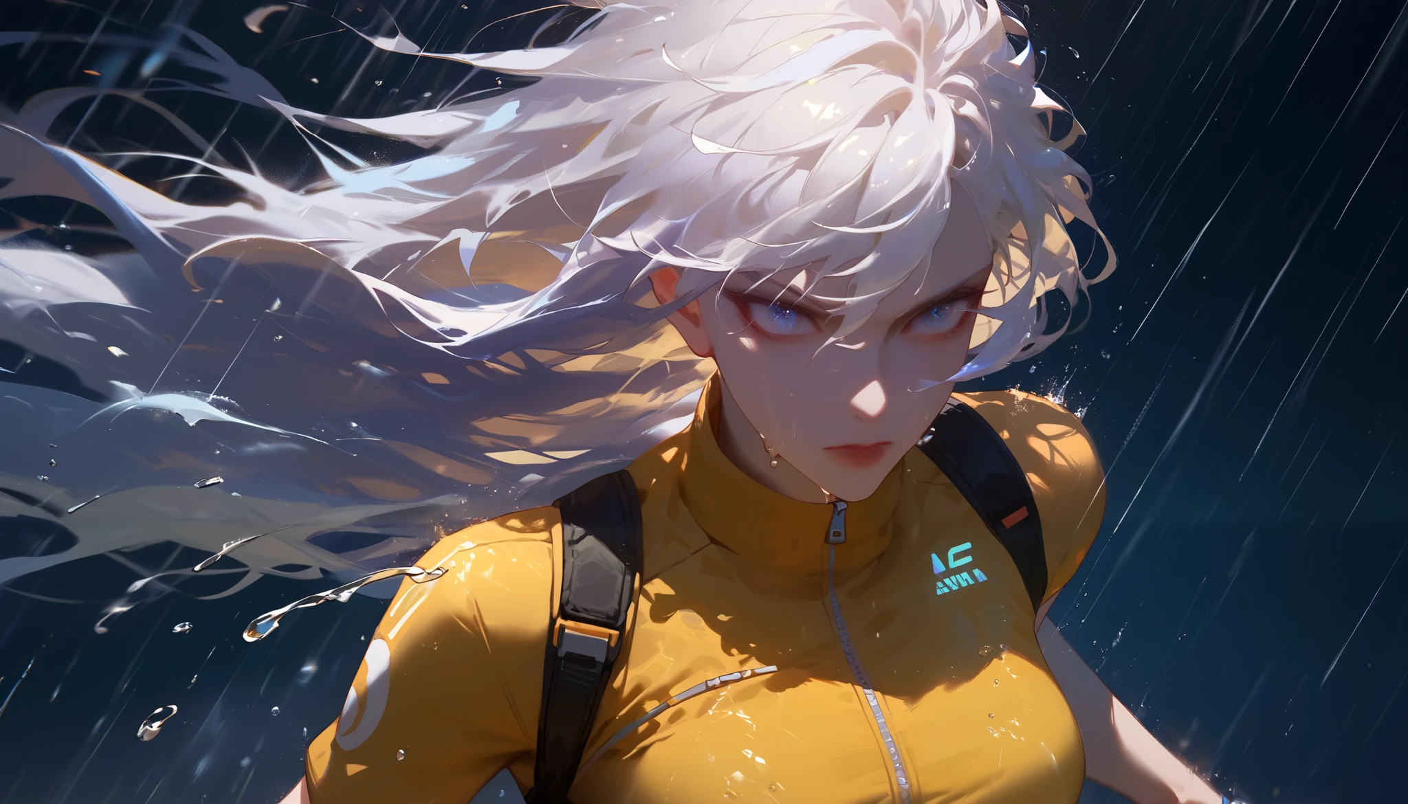 A woman running in the pouring rain, long white hair, blue eyes, dusk, wide road