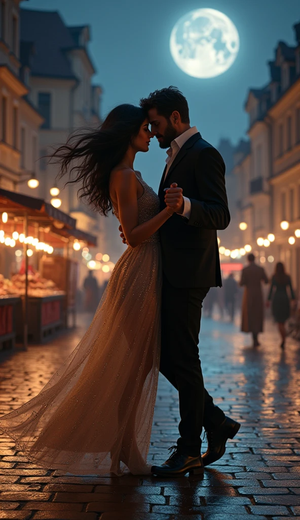 {Una pareja bailando y festejando en la calle, Por la noche, Plano medio, autopista}{escenario urbano, llueve, charcos en el pavimento, Edificios}
