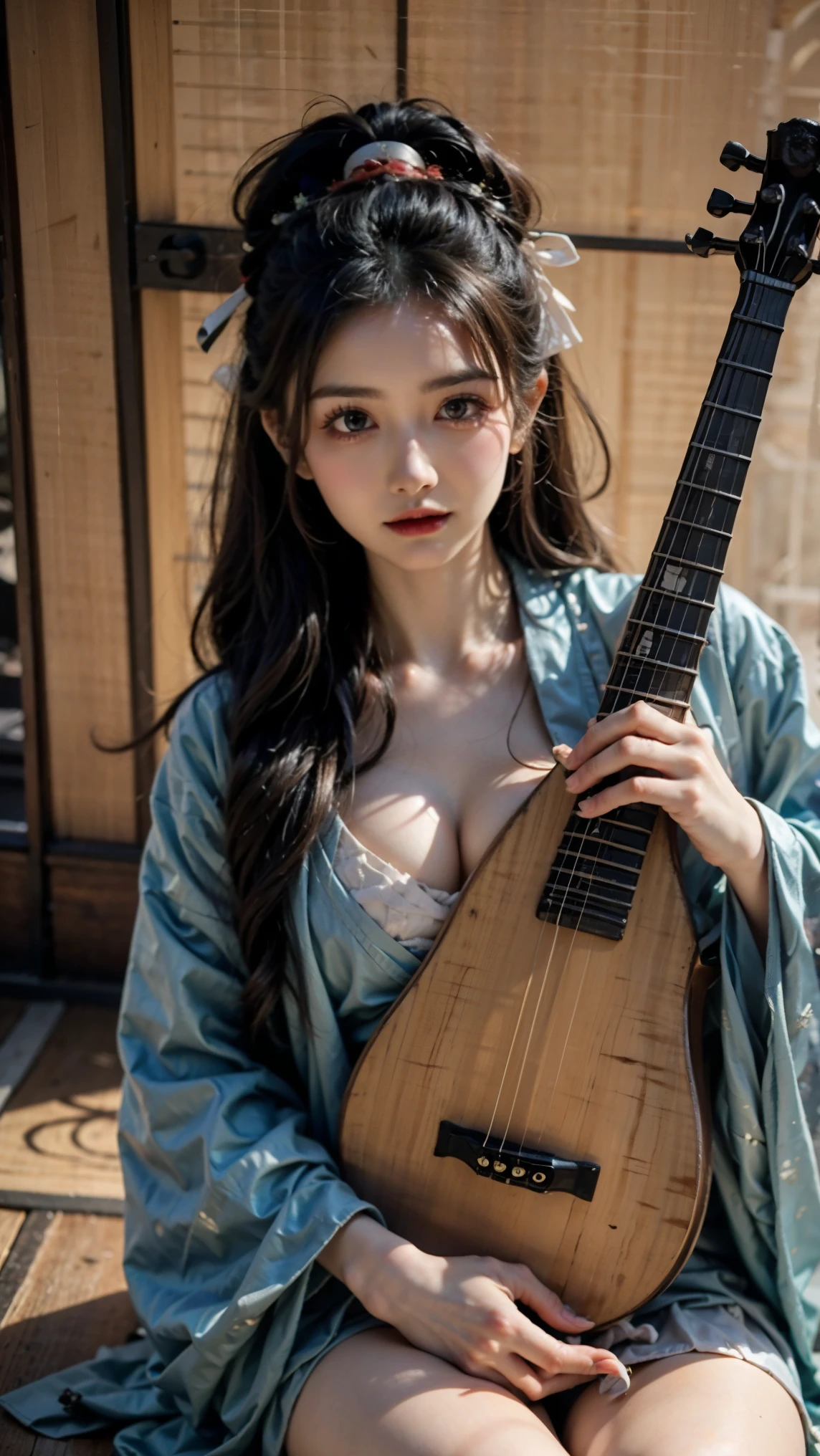 woman in ornate kimono,woman playing biwa ,Cowboy shot shot, 1 person,Cleavage , highly detailed face and skin textures , looking at the camera, perfect beauty: 1.4, fine grain,double eyelids, Whitening, perfect face, cute and symmetrical face , shiny skin, ( long hair:1.8, black hair), split bang, long lashes, beautiful hair, beautiful face, beautiful detailed eyes, beautiful body, beautiful breasts, beautiful thighs, BEAUTIFUL LEGS, Beautiful fingers , top quality, Ultra High Resolution, simple background, blurry background,Exposed clavicle, woman in red and blue dress holding a musical instrument holding a bianlian lute, luteの世界, luteを演奏している, lute,Japanese goddesses