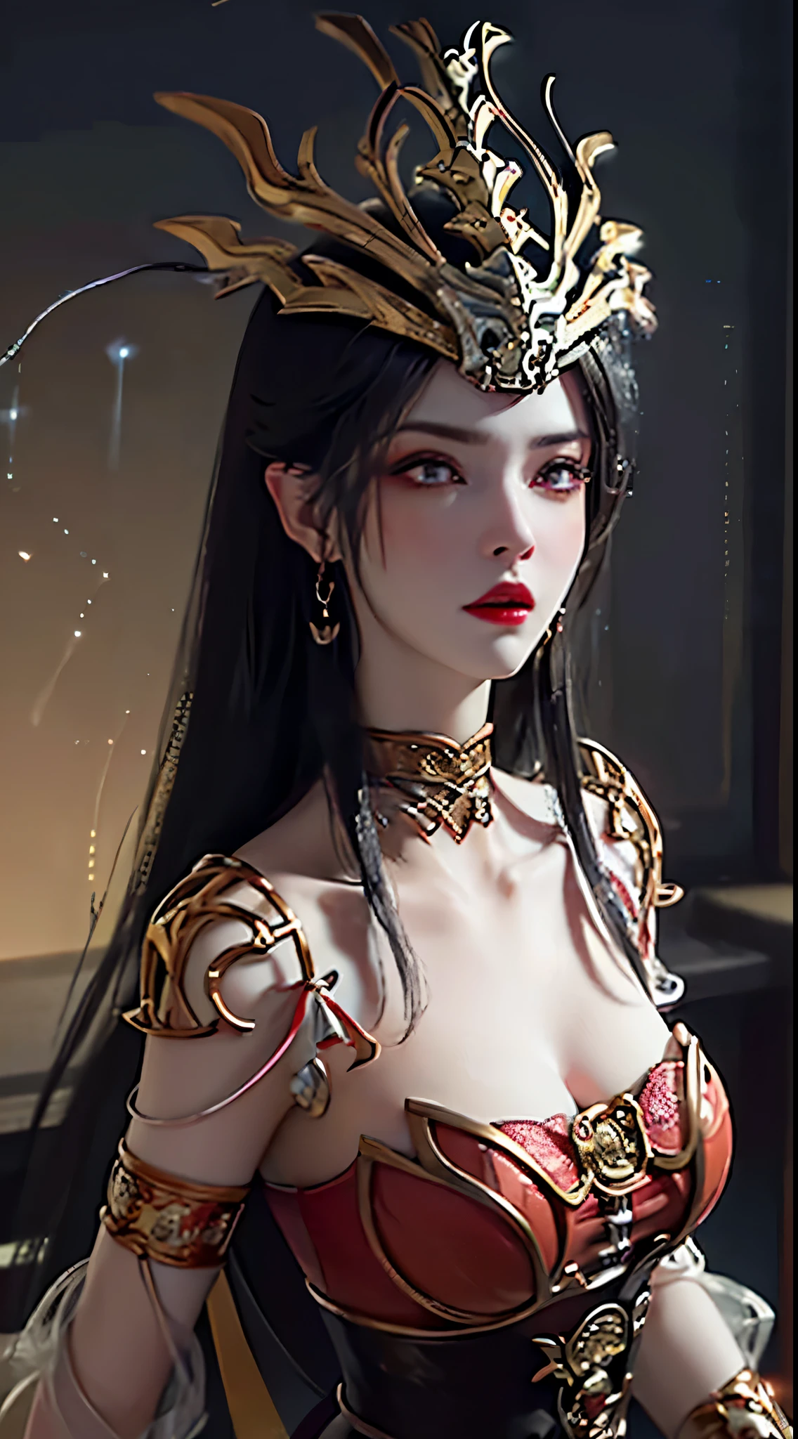 1 very beautiful queen medusha in hanfu dress, thin red silk shirt with many yellow motifs, black lace top, crown on her head, long hair dyed black, beautiful hair jewelry, pretty face pretty and cute, perfect face, earring jewelry, light purple rabbit ears, antique jewelry, big red eyes, sharp eye makeup, meticulous makeup eyelashes, thin eyebrows, nose tall, pretty red lips, no smile, pursed lips, rosy cheeks, wide breasts, big breasts, well-proportioned breasts, slim waist, red mesh stockings with black lace, Chinese hanfu style, fictional art patterns, colors vivid and realistic, RAW photos, realistic photos, ultra-high quality 8k surreal photos, cool photos, (virtual lighting effects: 1.8), 10x pixels, magic effects (background): 1.8), super detailed eyes, beautiful girl body portrait, girl alone, ancient hanfu background, looking directly at the audience, wide original photo, 8k quality, super sharp, detailed and clear picture best, detailed light background,