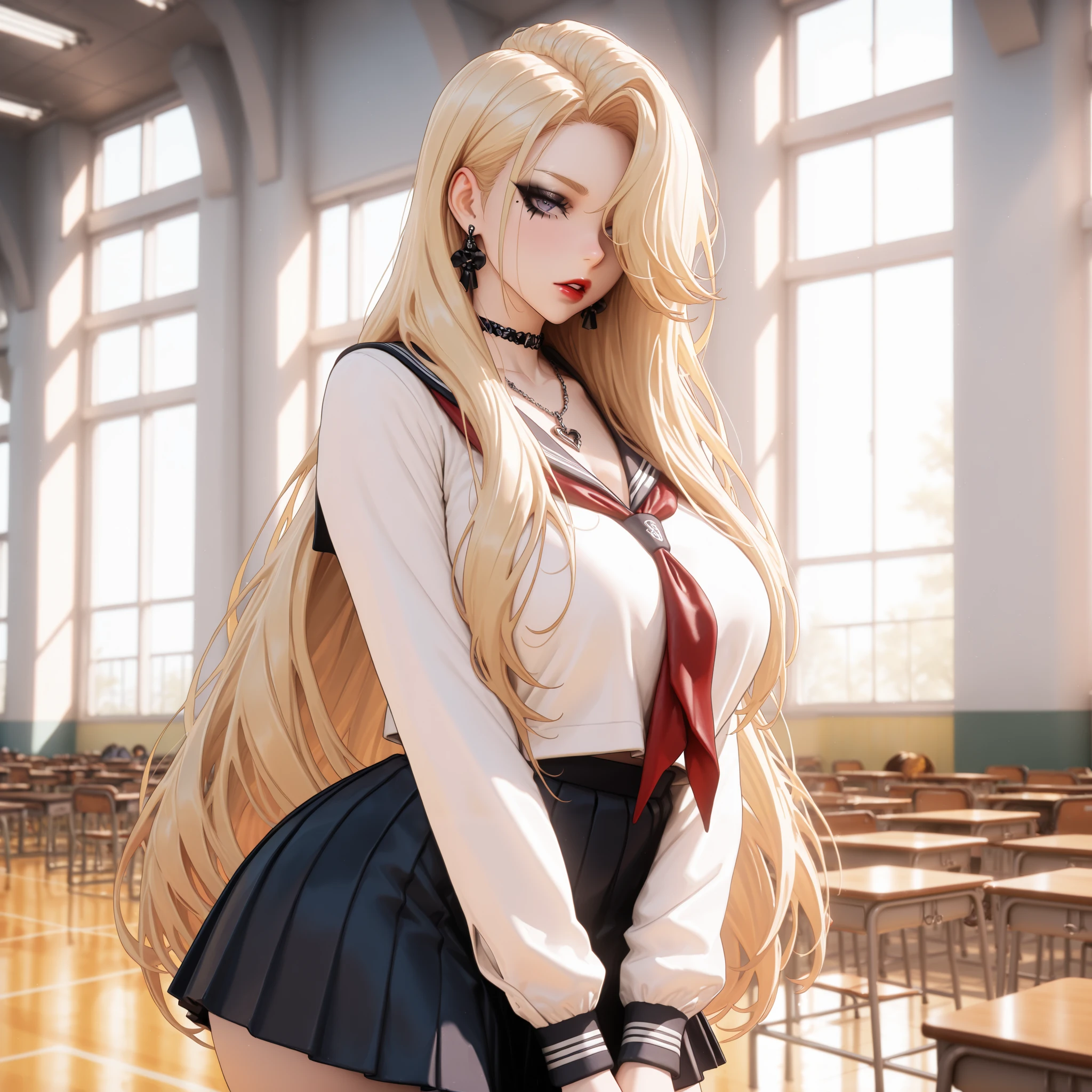 hot goth, blonde hair, hair over eye, white bangs, gothic makeup (best quality, 8K, 32k, masterpiece, Ultra HD:1.2),Photos of beautiful Japanese women, Large Breasts, Super long Hairstyle,Upper Body, (school uniform, school court, red lips, sexy milf, parted lips, sexy:1.1) necklace, school court background