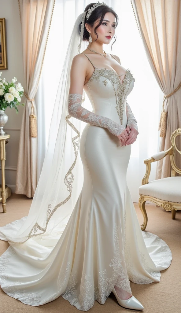 cinematic film still RAW ((full body)) photo of Georgia_Polina, smiling, red lips, natural blonde hair, Mermaid wedding dress, stiletto heels, (looking at viewer:1.1), <lora:backlight_slider_v10:1.2>, <lora:epiCRealismHelper:1>, <lora:skin_tone_slider_v1:-1>, 8K, 16k, uhd, dslr, best quality, high quality, realistic, photo-realistic, ultra-detailed, <lora:Georgia_Polina:0.8> <lora:st-fs_v1.1:-0.5> . shallow depth of field, vignette, highly detailed, high budget, bokeh, cinemascope, moody, epic, gorgeous, film grain, grainy