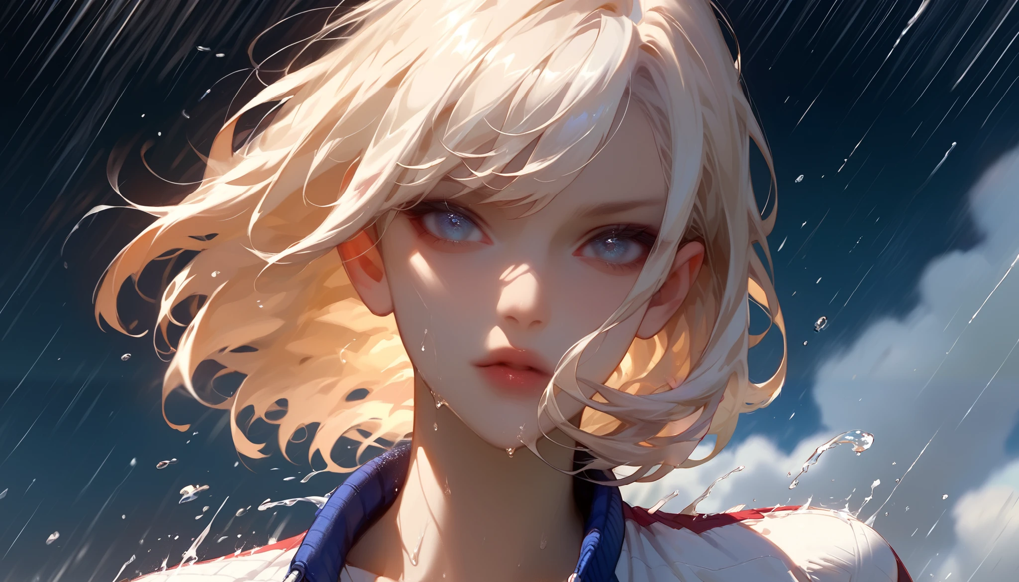 Viewer's perspective, a woman running at full speed in the pouring rain, long white hair, blue eyes, gentle and soft expression, dusk