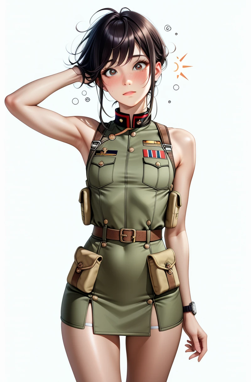 (dreamlikeart style:1.0), (analog style:1.0), (studio_ghibli_anime_style style:0.9), masterpiece, beatifull face, (Cherrmous style:1.2), Chole Swanson, woman, green eyes, hoop earrings, bracelet, detailed, (low twintails,:1.0), black hair, skin texture, full lips, collar, centered, tanned skin, 8k, highly, camouflage long tight dress, tight skirt, wide hips, eyelashes, eyeshadow, bubblebutt, deep cleavage, breast enlargement, dark green platform boots, high heels, long legs, cyberpunk, neon lights, camouflage tighhigh stockings, camouflage fishnets, no underwear, no panties, belly button, looking at viewer, photo-realistic, glowing colors, glowing skin, camouflage beret, holding a gun in one hand