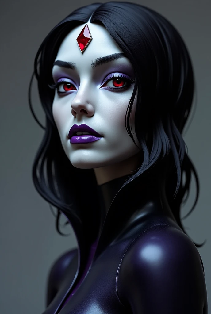 A mid shot of Raven, Teen Titans Raven, slender slim body, skinny waist, arched back, pale grey skin, red gemstone in the centre of her forehead, looking at viewer, seductive, (realistic), (masterpiece), (highly detailed face), thick eyebrows, big juicy purple lips, lip filler, cheekbones, defined face, sharp nose, attractive
