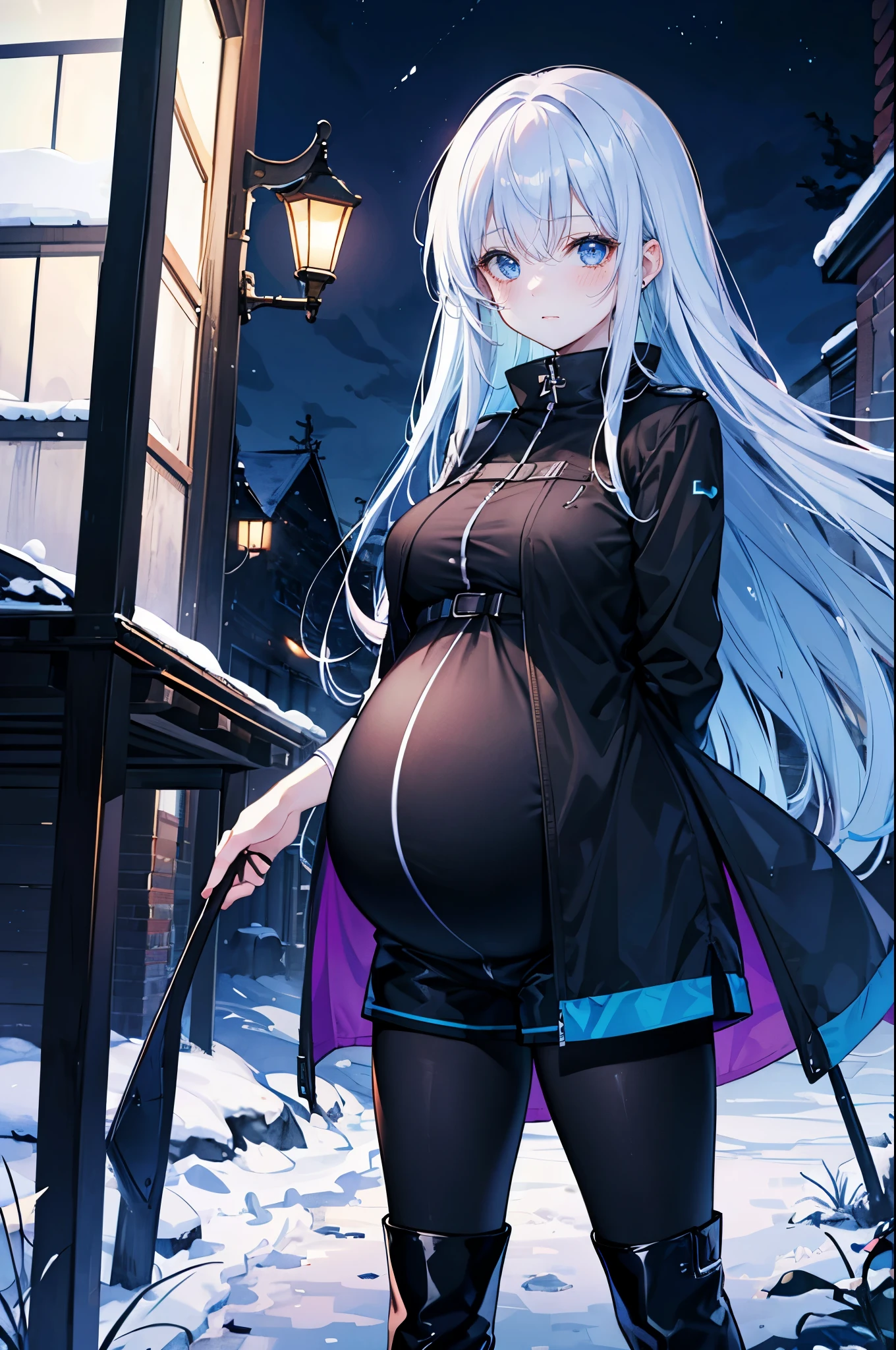 High Resolution, High Quality, High Detail, snowy riverside, night, 1girl, blue hair, long hair, blue eyes, medium breasts, black combat coat, black shirt, blue shorts, black leggings, black boots, looking at viewer, arms behind back, pregnant