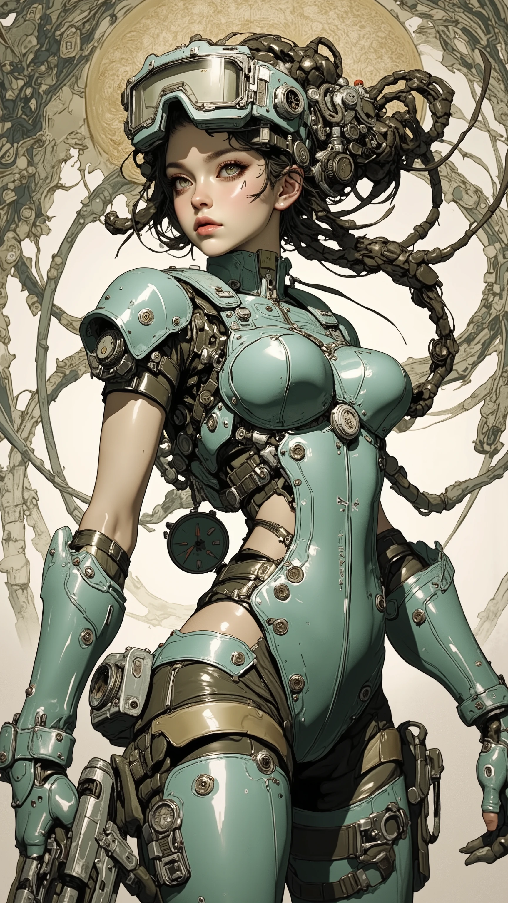 crazy woman in futuristic suit with gun and watch, Art Germ Julie Belbeeple, Cyborg - Girl, Sci-Fi Steampunk, Mechanized Valkyrie Girl, beautiful cyborg girl pinup, cybersteampunk , cyborg girl , Beautiful Steampunk Goddess, Dieselpunk Cyborg, krenz cushart and artgerm, Beautiful anime woman in steampunk style