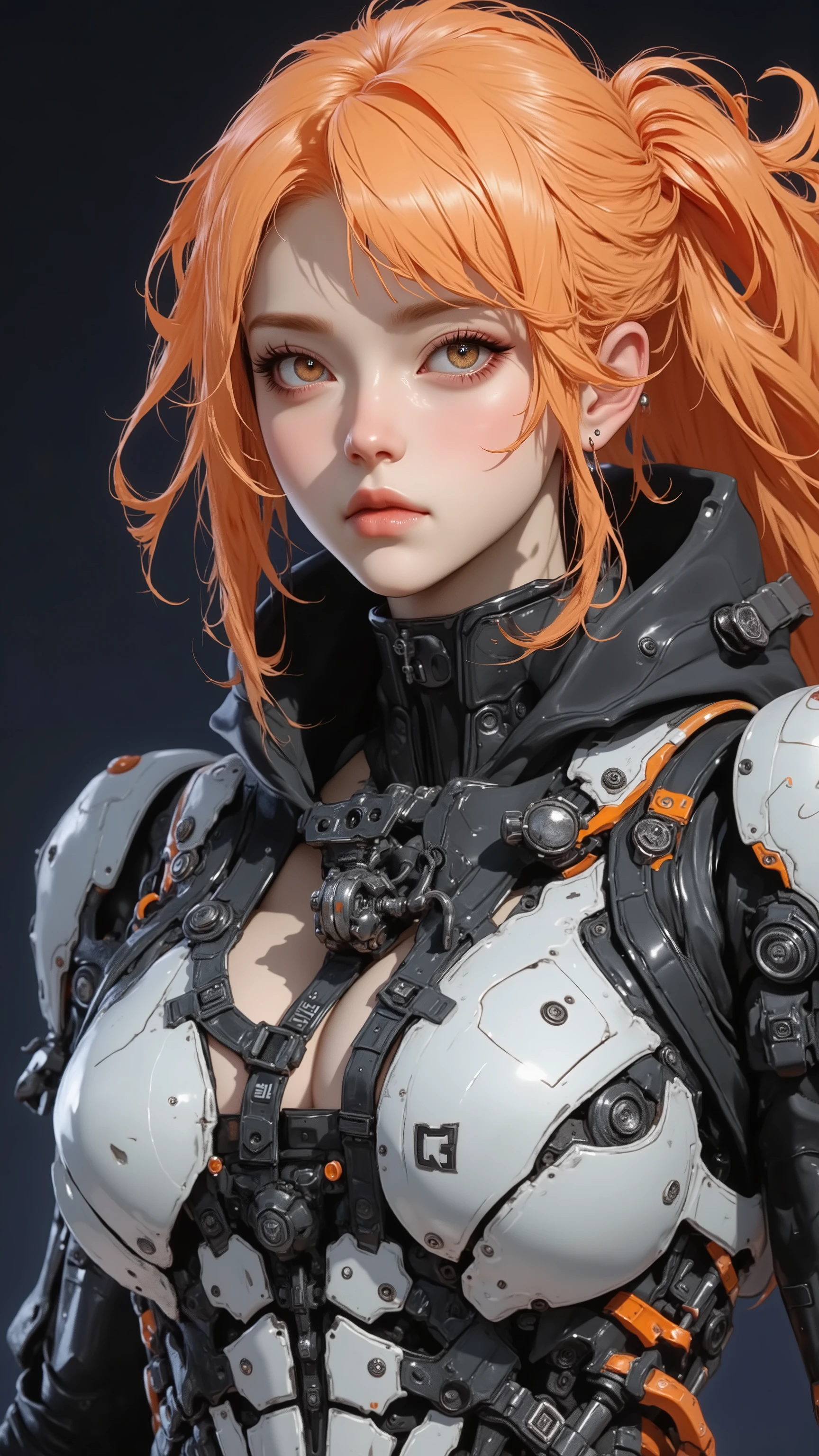 Close up of a woman with orange hair and a robot suit, Mecha Cyber Armored Girl , cute  cyborg girl ,   Perfect Anime Cyborg Woman  , Astronaut girl wearing a portrait ,  perfect android girl , Akihiko Yoshida.  Unreal Engine,  cyborg girl , Perfect cyborg woman,  Female Cyberpunk Anime Girls ,  Cyberpunk Anime Girl Mecha , Beautiful girl cyborg,  CGSTATION in the real world 