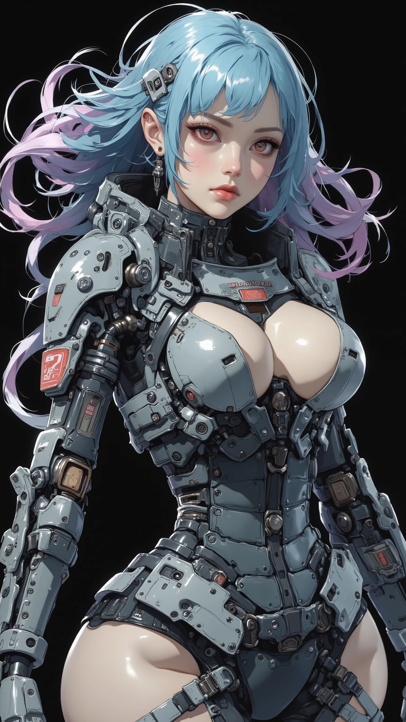 Close up of a woman in a robot suit with blue hair, biomechanical big boobs, Cyborg - Girl with silver hair, ginoid cyborg body , cyborg girl , Mecha Cyber Armored Girl , Cyborg - Girl, Perfect Anime Cyborg Woman , perfect android girl , Mecha Girl, cute cyborg girl , Perfect cyborg woman, Beautiful girl cyborg