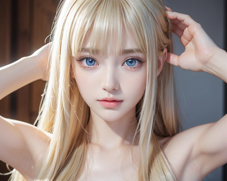 Dressed、(Photorealistic:1.4)、(ハイパーRealistic:1.4)、(Realistic:1.3)、(Smooth lighting:1.05)、(Improved cinematic lighting quality:0.9)、32k、1 Girl、A beautiful woman、Very cute expression、A beautiful 15 year old blonde girl、bangs that fall on the face、Bangs left over the eyeessy bangs between the eyes and nose、Realistic top lighting、Backlight、Face Light、Super long silky platinum hair、Blonde rays、(Bright light:1.2)、(quality improvement:1.4)、(Highest quality realistic textured skin:1.4)、Very beautiful, detailed, shiny, very bright, mint blue, large eyes、Very big eyes、Detailed face、A careful eye for quality、(Tired, sleepy and satisfied: 0.0)、Face close up、T-Shirts、(Enhances the body line:1.1)、(Enhances the beauty of skin texture:1.1)、Cheek gloss highlighter、Small Face Beauty、Round face、Very white and bright skin