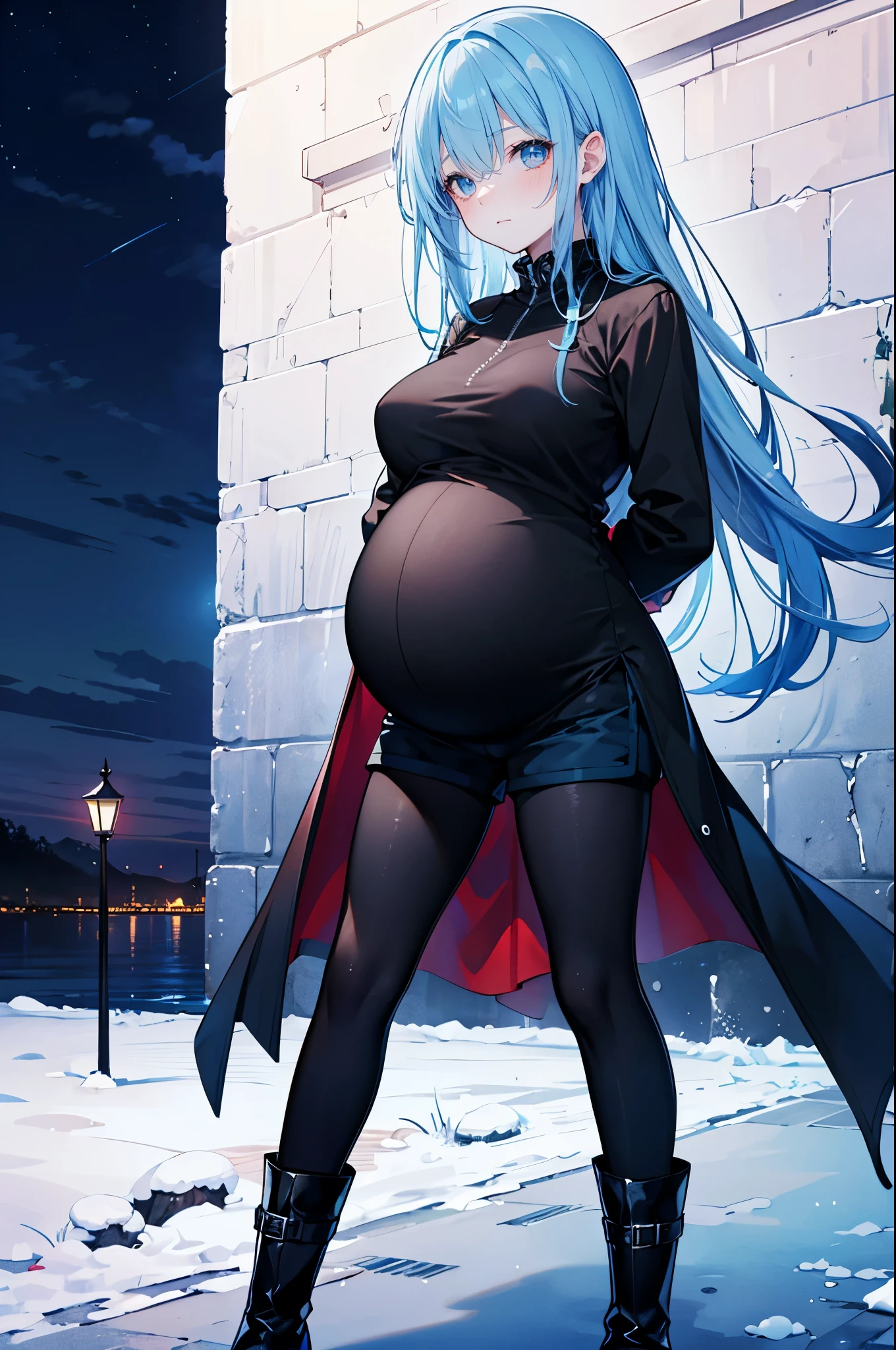 High Resolution, High Quality, High Detail, snowy riverside, night, 1girl, blue hair, long hair, blue eyes, medium breasts, black combat coat, black shirt, blue shorts, black leggings, black boots, looking at viewer, arms behind back, pregnant