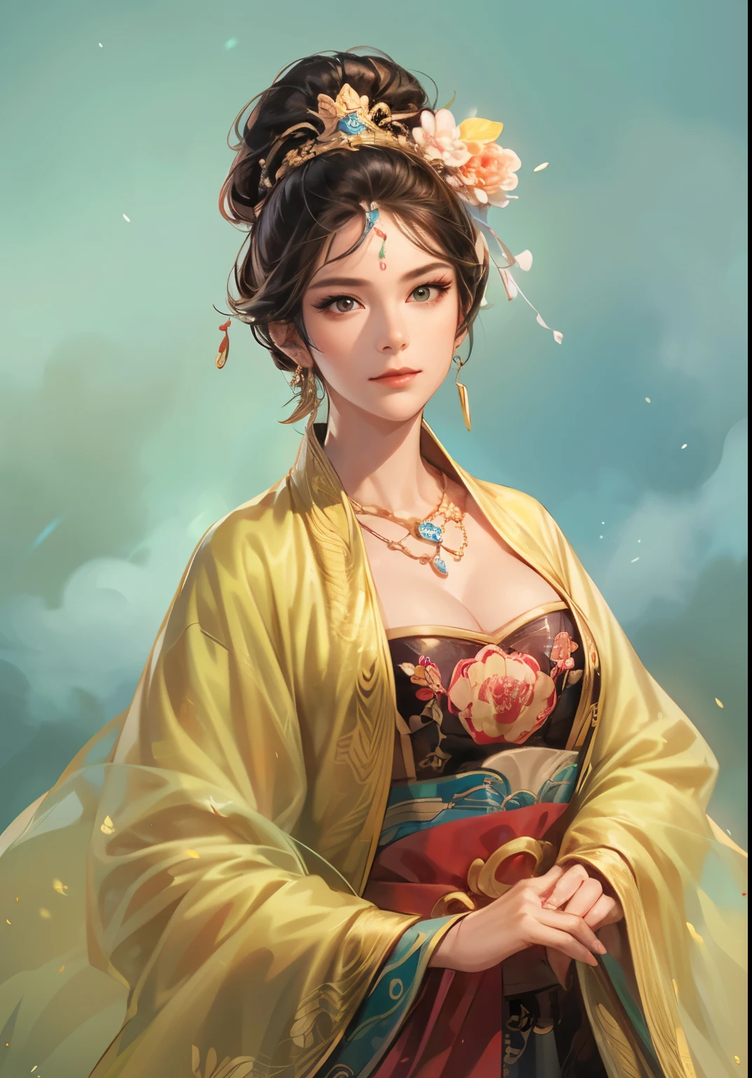 Han Dynasty Landscape、Three Kingdoms、Full Body、(Highest quality,4K,8k,High resolution,masterpiece:1.2)、Very detailed, High resolution,hyper HD、Studio Lighting、Ultra-fine painting、 Sharp focus、 Physically Based Rendering、 Very detailed explanation、 Professional、 Vibrant colors、Traditional Chinese Painting Techniques、 Atmospheric lighting、 Vivid color contrast、Very detailed eyes and face、 Beautiful attention to detail、 Light on the face、young woman wearing black Hanfu、Eyes are green, perfect body, (((1 young woman)))、(beautiful woman)、anatomically correct、Dynamic Pose、