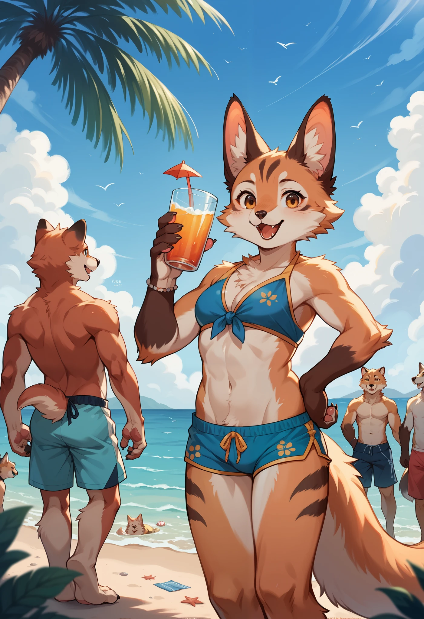 , (((Cassidy a female anthropomorphic orange and white cat at the beach wearing a red tanktop and Has black shades on her head sitting at the tiki bar having a drink and smiling with the beach in the background in the sunset))), wearing summer clothing , day, , sensual, detailed, uploaded to e621, beautiful and detailed portrait of an anthropomorphic , (((female))) uploaded to e621, zaush, foxovh, movie lighting, thicc, alone, movie cover, sfw