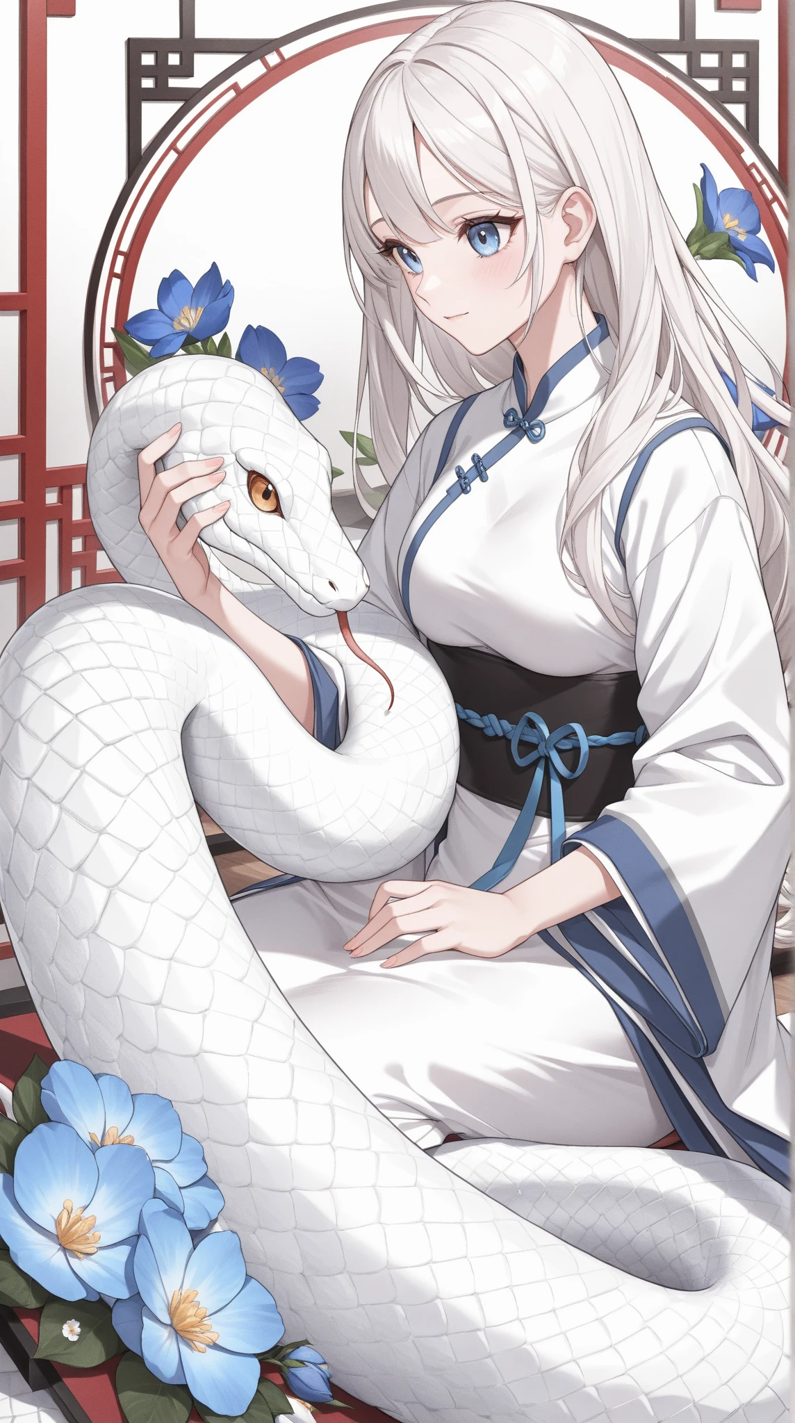 solo, a girl wearing a white choeongsam, petting a white snake, blue flower in background, Chinese theme, absurdres, masterpiece, best quality, UHD