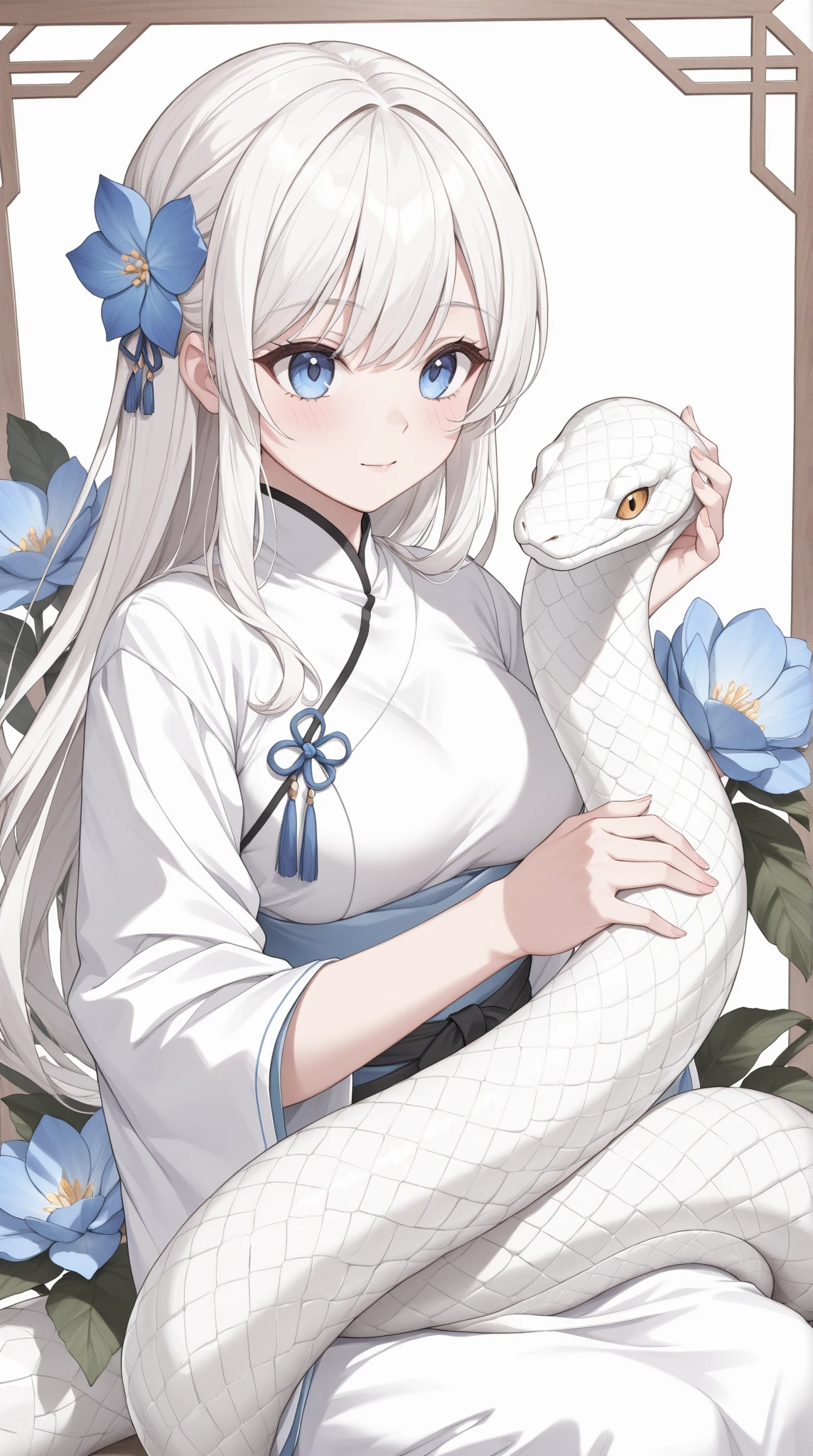 solo, a girl wearing a white choeongsam, petting a white snake, blue flower in background, Chinese theme, absurdres, masterpiece, best quality, UHD