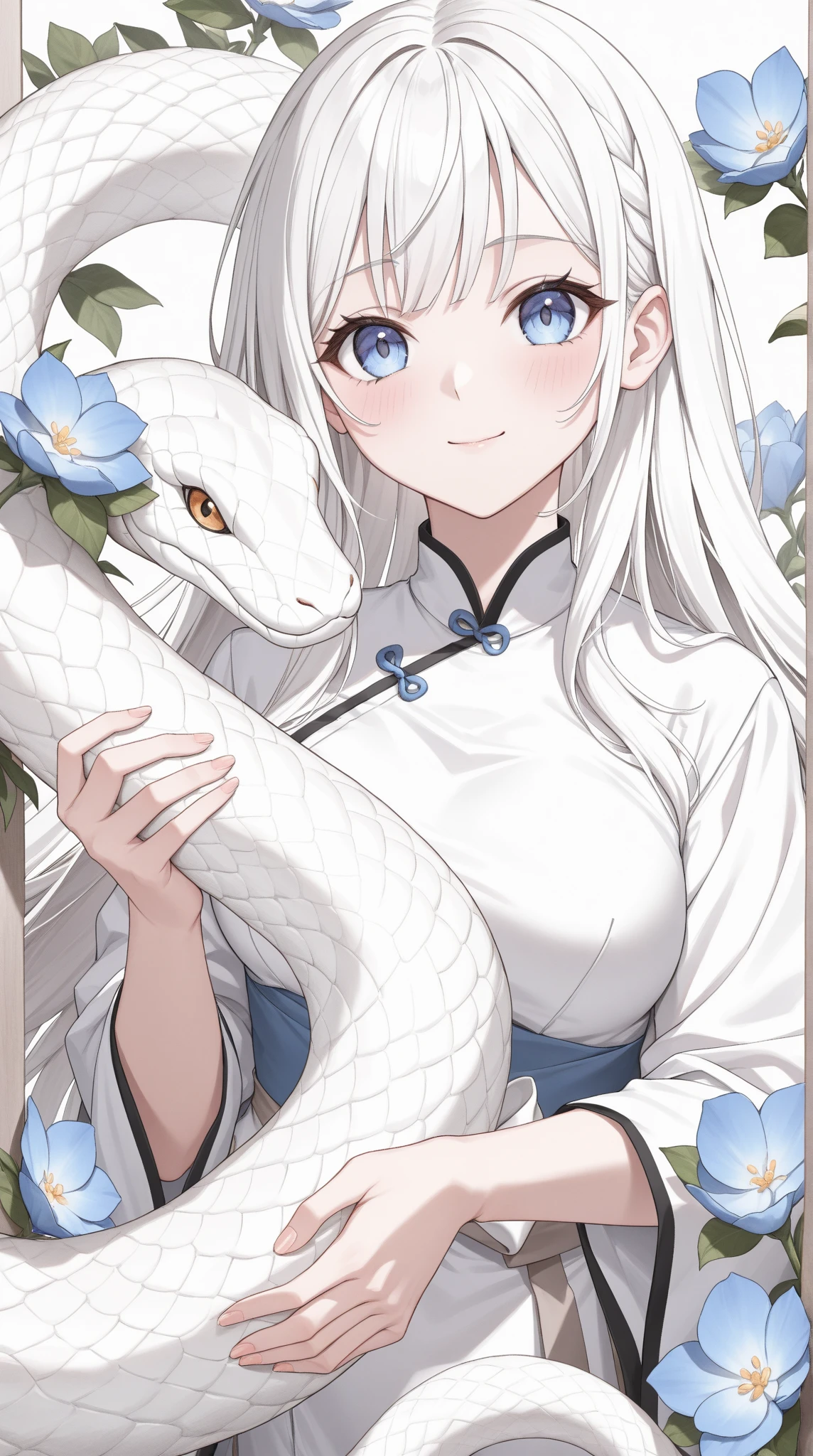 solo, a girl wearing a white choeongsam, petting a white snake, blue flower in background, Chinese theme, absurdres, masterpiece, best quality, UHD