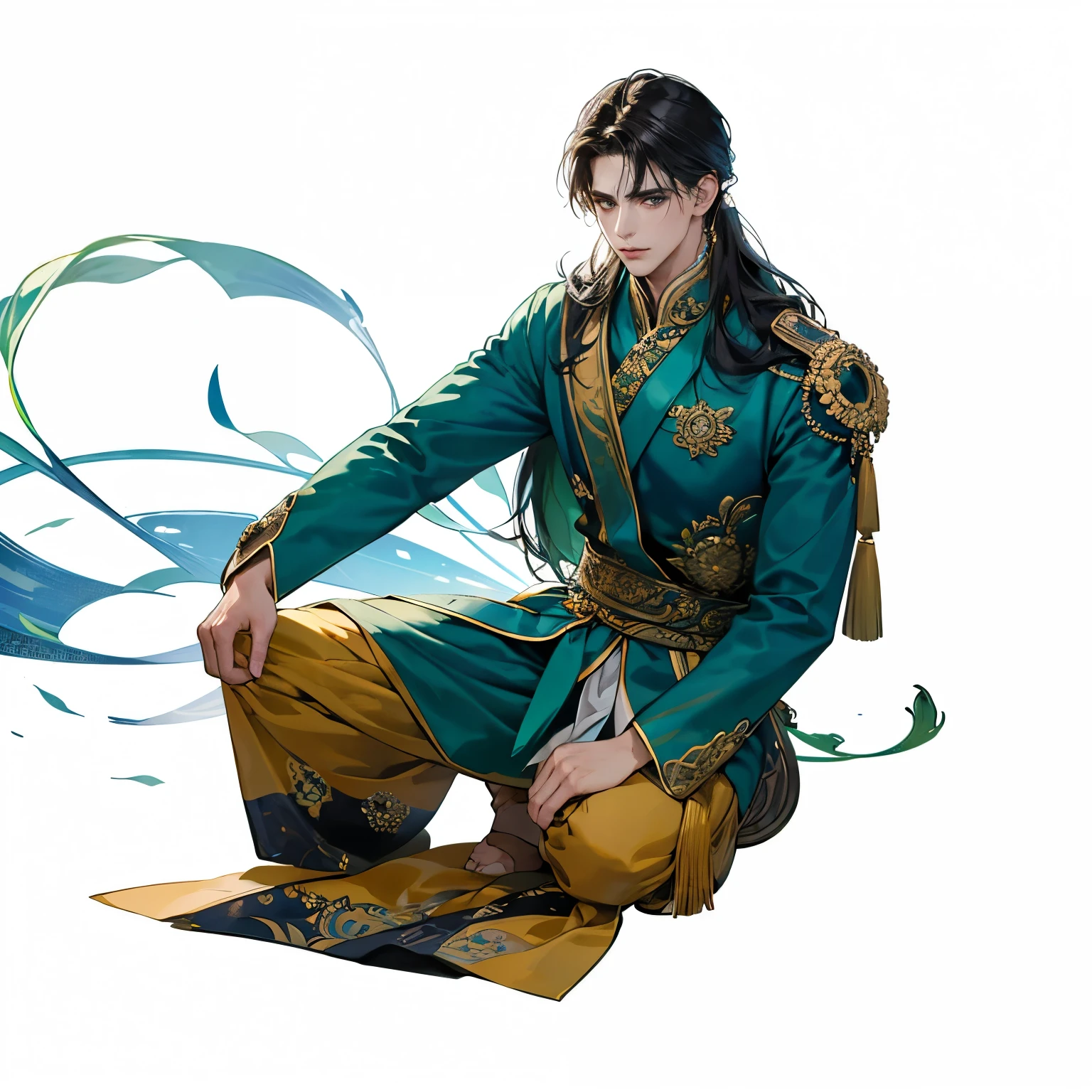 1 boy , , young man, fine eyes and face , a perfect male body , Eyes looking at the camera ,Painting,Long hair, Green Thai Dress , Thailand landscape, outdoor, color difference , depth of clarity , Stunning silhouette , , visualization with ray tracing , Swimwear, Film Lighting , CG image very high detail , 8k Wallpaper ,