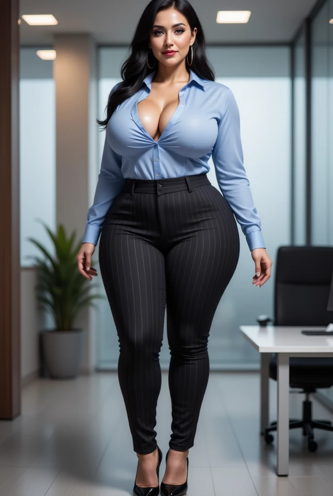 Big boobs boss looking at you in office, unbuttoned blouse, huge cleavage, curvy model, low pants, long long blouse