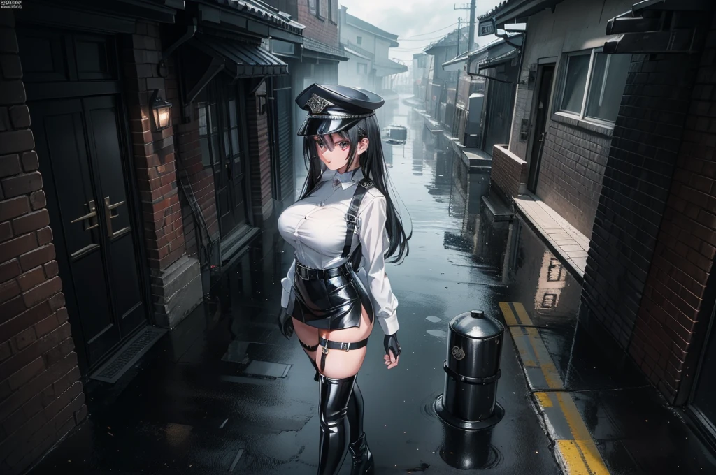 (Best Quality, Masterpiece: 1.3), 1 Girl, this painting depicts a woman in a police uniform standing in the rain, presenting the image of a police officer, she looks particularly dignified in the rain. She has jet black hair that adds to her charm, rainy day, holding an umbrella, looking at the audience, cyberpunk city, anime girl walking on rain-drenched streets in policewoman uniform, seductive anime girl, right proportions, Japan, Tokyo, garter belt on legs, delicate, night