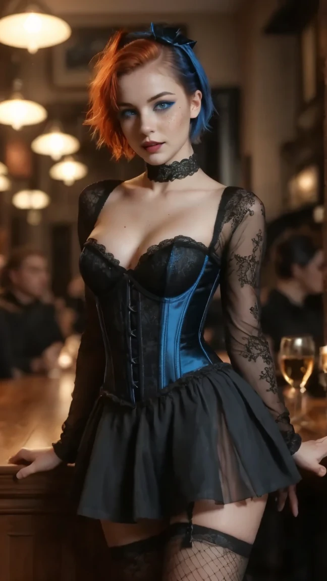 Petite 30 year old woman with black and blue hair in a short vintage pixie hairstyle, red lips, blue eyes, wearing a slitted lace mini skirt and corset, against a neutral backdrop, holding a glass of wine