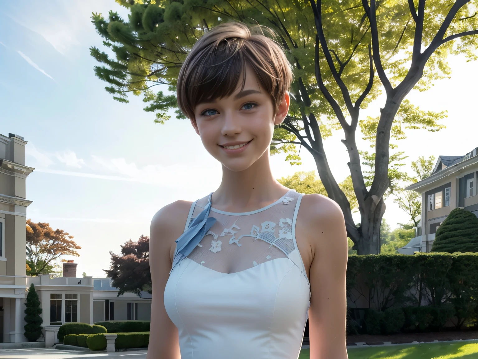 Mesa, photorealistic, Best Quality, intricate and delicate, 8K Wallpaper, premium, masterpiece, realisitic, ultra detailed, 1 girl in white t-shirt, short hair, smooth fur, Look at the spectators