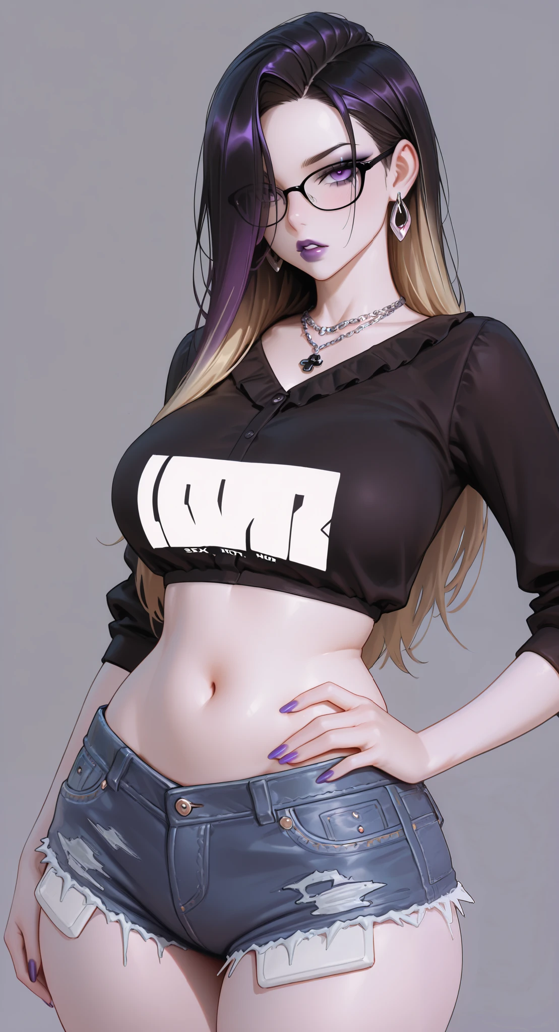 Beautiful detailed skin, Detailed Body, beautiful detailed hair, Blonde-haired woman with a transparent shirt that shows her giant breasts and marked abdomen
