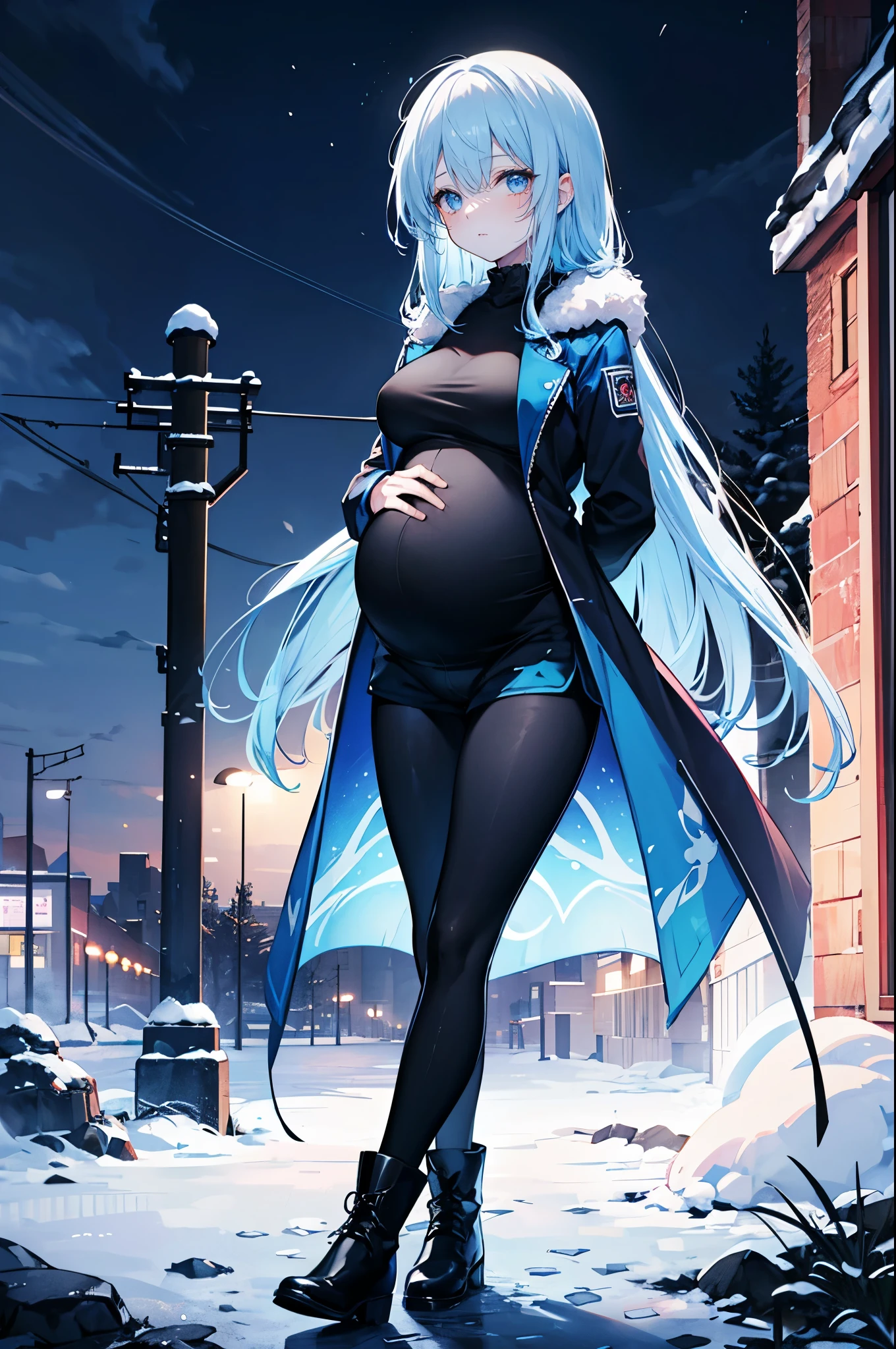 High Resolution, High Quality, High Detail, snowy riverside, night, 1girl, blue hair, long hair, blue eyes, medium breasts, blue combat coat, black shirt, blue shorts, black leggings, black boots, looking at viewer, arms behind back, pregnant