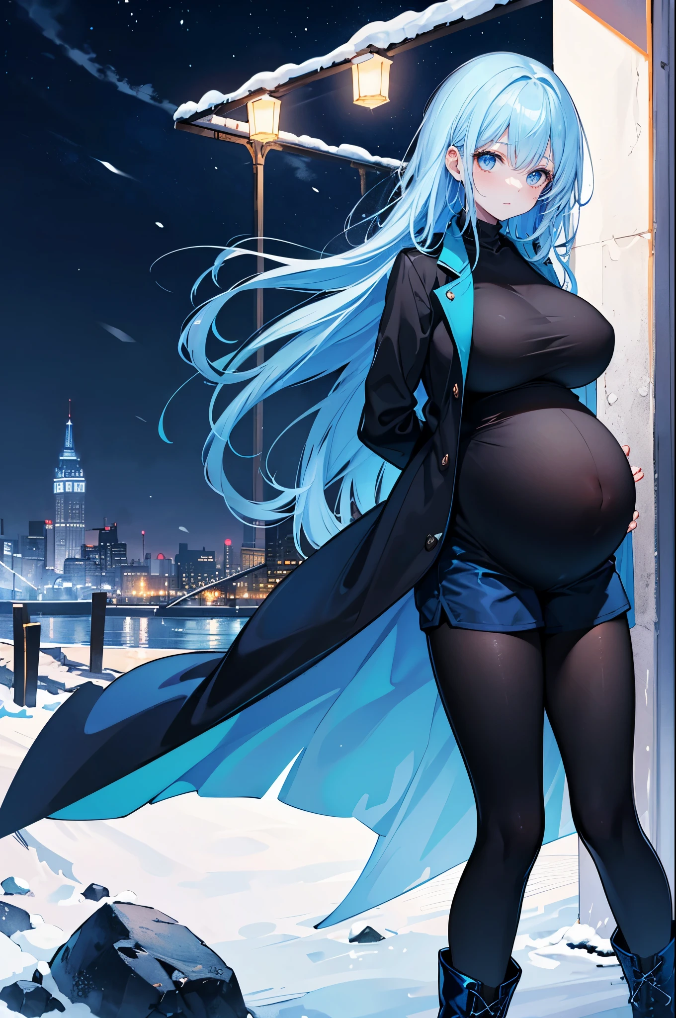 High Resolution, High Quality, High Detail, snowy riverside, night, 1girl, blue hair, long hair, blue eyes, huge breasts, blue combat coat, black shirt, blue shorts, black leggings, black boots, looking at viewer, arms behind back, pregnant