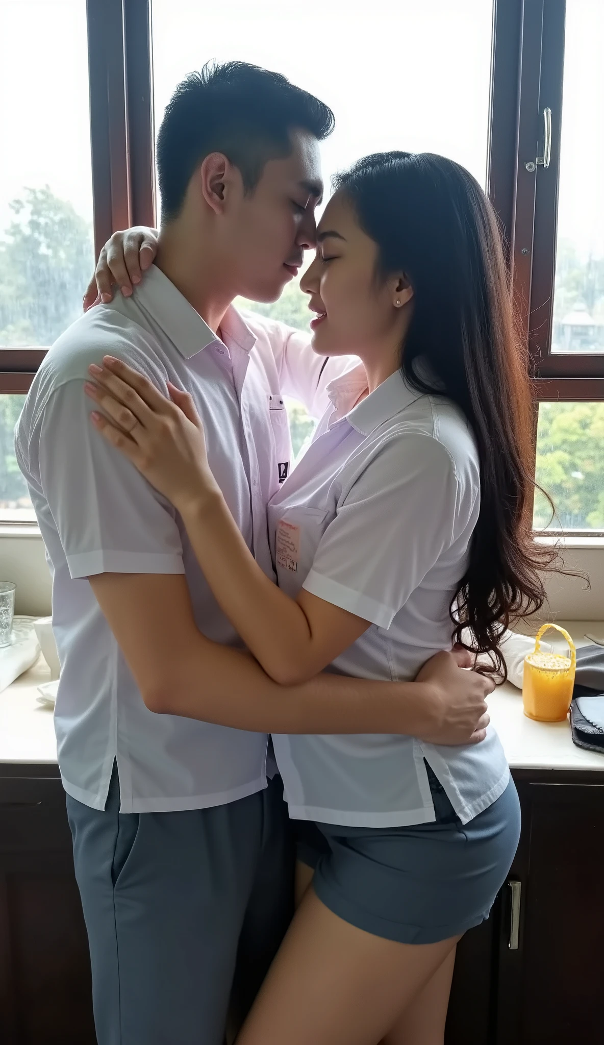 Belgian-Indonesian couple, beautiful girl and handsome 17 year oldy kiss each other, and the boy holds the girl's breasts and pants, the girl's mouth is open with a pleasant expression, medium breasts, standing in class, the girl is wearing a school uniform , white shirt open, unbuttoned, boy wearing , white collared shirt, gray trousers, in class in front of friends in .