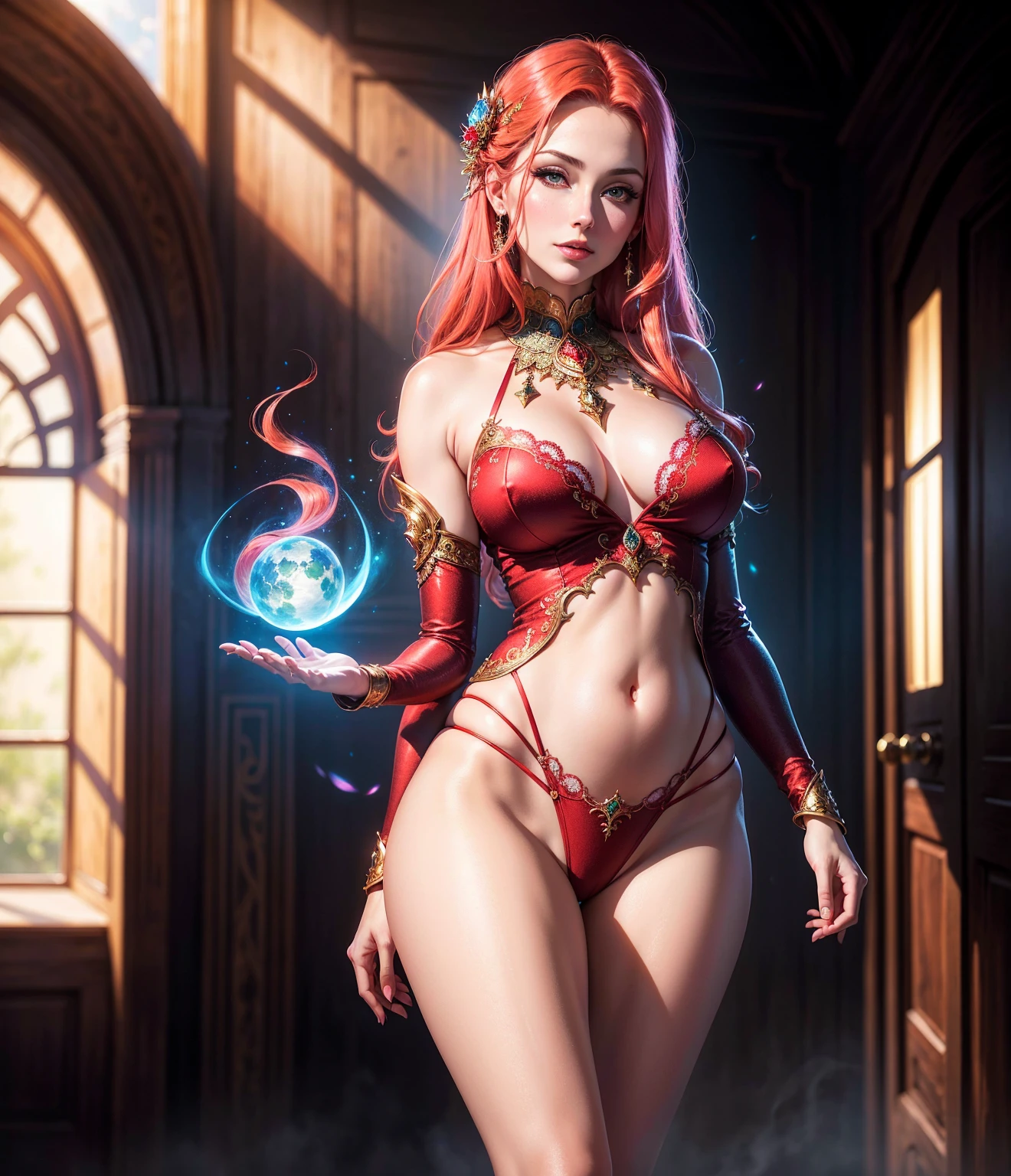 Massive breasts, gem bikini, gem covering nipples, gem covering vagina, half naked, curvy, soft belly, thick waist, fat, thick thighs, big ass, giant breasts, gigantic breasts, red hair, side ponytail, magic shop, magic lab, alchemists, glasses, surprised face, covered in oil, bright colors, revealing
