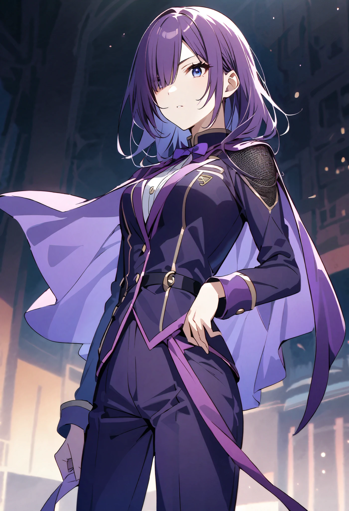 Long purple hair that stretches to the waist、ソロのPrince、1 person、long bangs to hide one eye、 with bangs on one side over the ear 、 purple luxury jacket long sleeve、 white shirt、Prince、 fancy mesh costume、 hanging eye、 cool face、 blue eyes、Purple long pants、 purple bow tie 、Wear a small cape on your left shoulder、small cloth on left shoulder 、uniform、Cool beautiful girl、