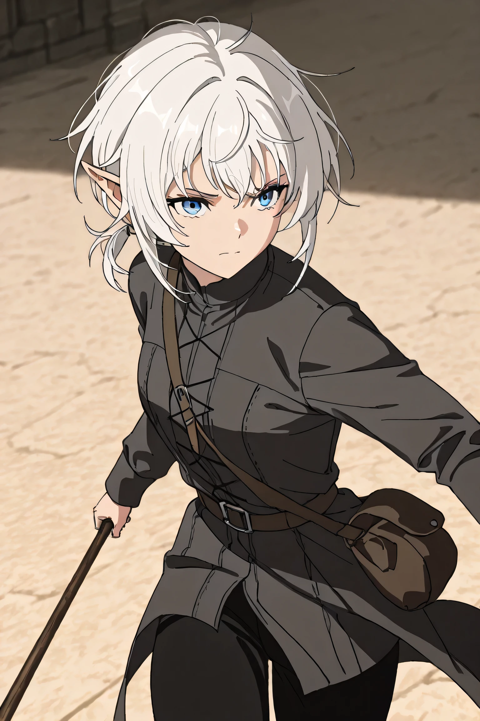 masterpiece , newest , safe, Beautiful woman , , white hair , blue eyes , полуelf, , средневековая black tunic , cunning look , waist bag , очень short hair , black pants , Beautiful woman , elf, , medieval grey shirt , shirt, cunning look , waist bag , short hair, black pants masterpiece , newest , safe, Beautiful woman , cunning look , waist bag , black fabric pants , 1girl, one girl, Head slightly tilted , serious face , black tunic , in motion, passes by, black trench coat, Hair gathered in a small ponytail