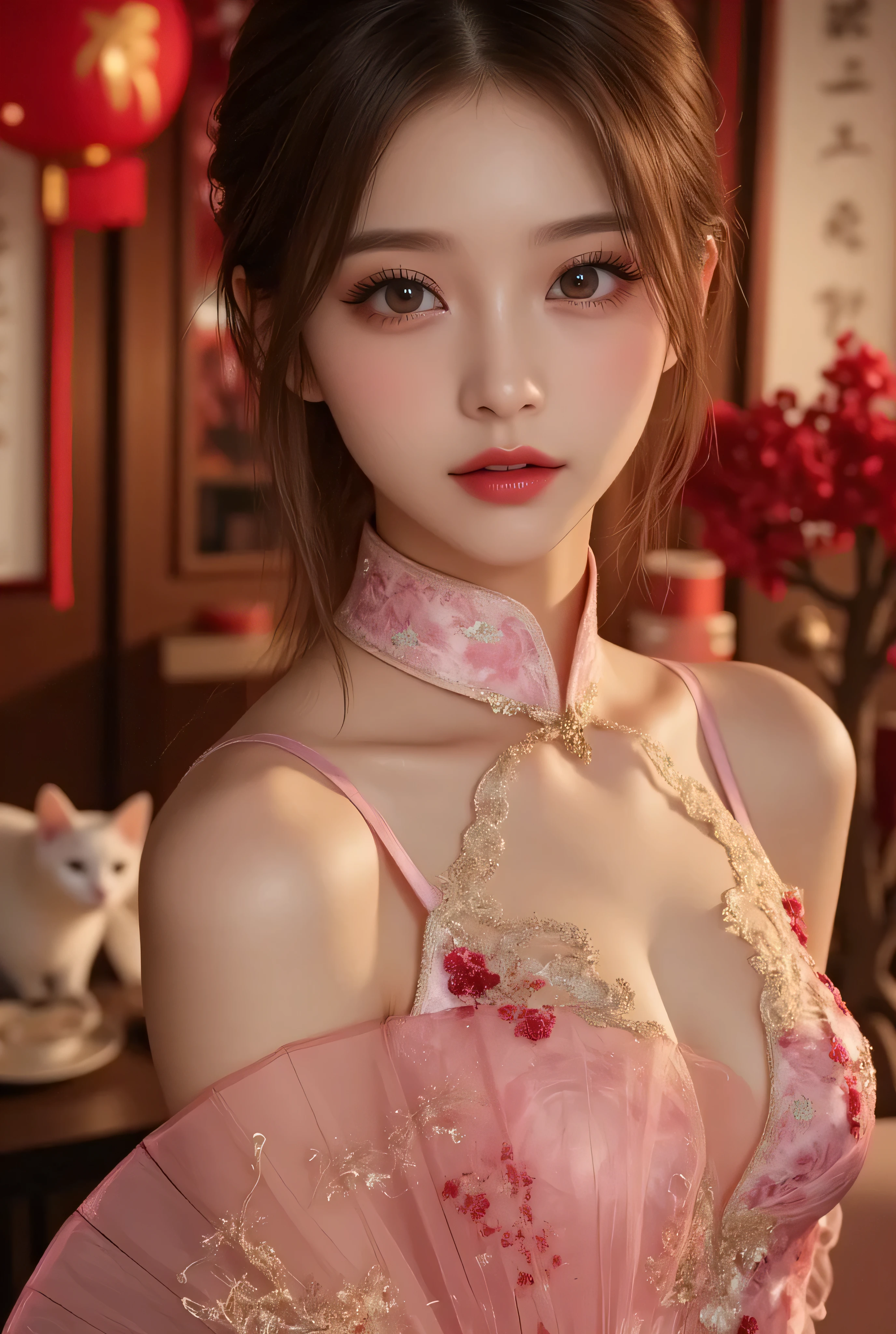 Cat ears、 face up, attractive, pretty girl, ponytail、 (( fine facial features , eroticism)), dramatic lighting , realistic , 8k, Dramatic Shadows , intricate and elaborate patterns , super detailed photo , chiaroscuro lighting , Pleasant colors , deep contrast , super real 、 pink lipstick、 warm room、Vintage Fireplace 、 cinematic composition、Close-up of face, pretty half part transparent open shoulder loose outfits dress, tang style, A beautiful Korean idol wearing a one piece red- black tightly cheongsam with phoenix and intricate floral golden embroidery, golden and silver outline on dress, hand hold pink feathers transparent Chinese fan with golden ink painting of bird and tree , standing gracefully in a room filled with traditional Chinese New Year decorations. The room features vibrant red lanterns, decorative calligraphy scrolls, a small Chinese orange tree with golden ornaments, and several red envelopes scattered across the floor and hanging from the tree. Adorable, playful cats are part of the scene—some sitting near the tree, others curiously pawing at the red envelopes or lounging around. Through a window or an open door in the background, vibrant Chinese fireworks light up the night sky in an array of reds, golds, and blues, casting a magical glow into the room. The idol’s outfit is paired with subtle accessories like red hairpins or earrings, complementing the festive look. The atmosphere is warm and lively, filled with the joyful essence of the celebration, enhanced by the shimmering lights of the fireworks and the lively decor.