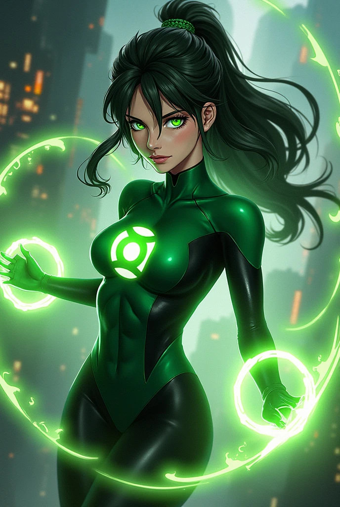 beautiful illustration of A girl,daughter of severus snape, 11 years old,Long hair, bangs, Black hair, Hair between the eyes, Green Eyes: Golden leotard,High leg,Over the city, Preparing for battle, Detailed art photos, Beautifully detailed face, dream-like, burn, Backlight, Glamour, Shine, Shadowy, Oil on canvas, Strokes, soft, Ultra-high resolution, 8k, Unreal Engine 5, Super focus sharp, ArtJam, Reusch, Hmph, An exquisite masterpiece, Threatening, Matte Painting Movie Posters, Golden Ratio, CGsocietyTrend, Complex, Spectacular, Very detailed, Vibrant, Creating movie characters, Quality Model Ultra High,