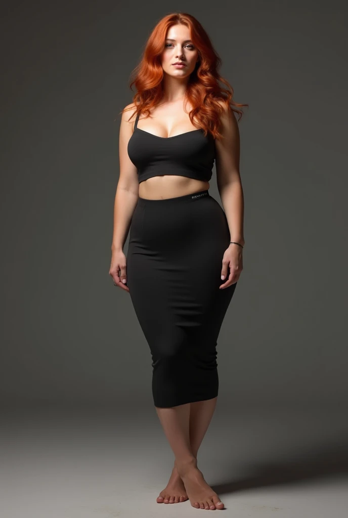 A realistic Photo of a Curvy Spanish redhead girl, red hairs,, hot girl brown eyes, medium breast , makeup, hair roots slightly faded, , doing ramp walk on stage, hyper-realistic photo , Blackdress, full photo
