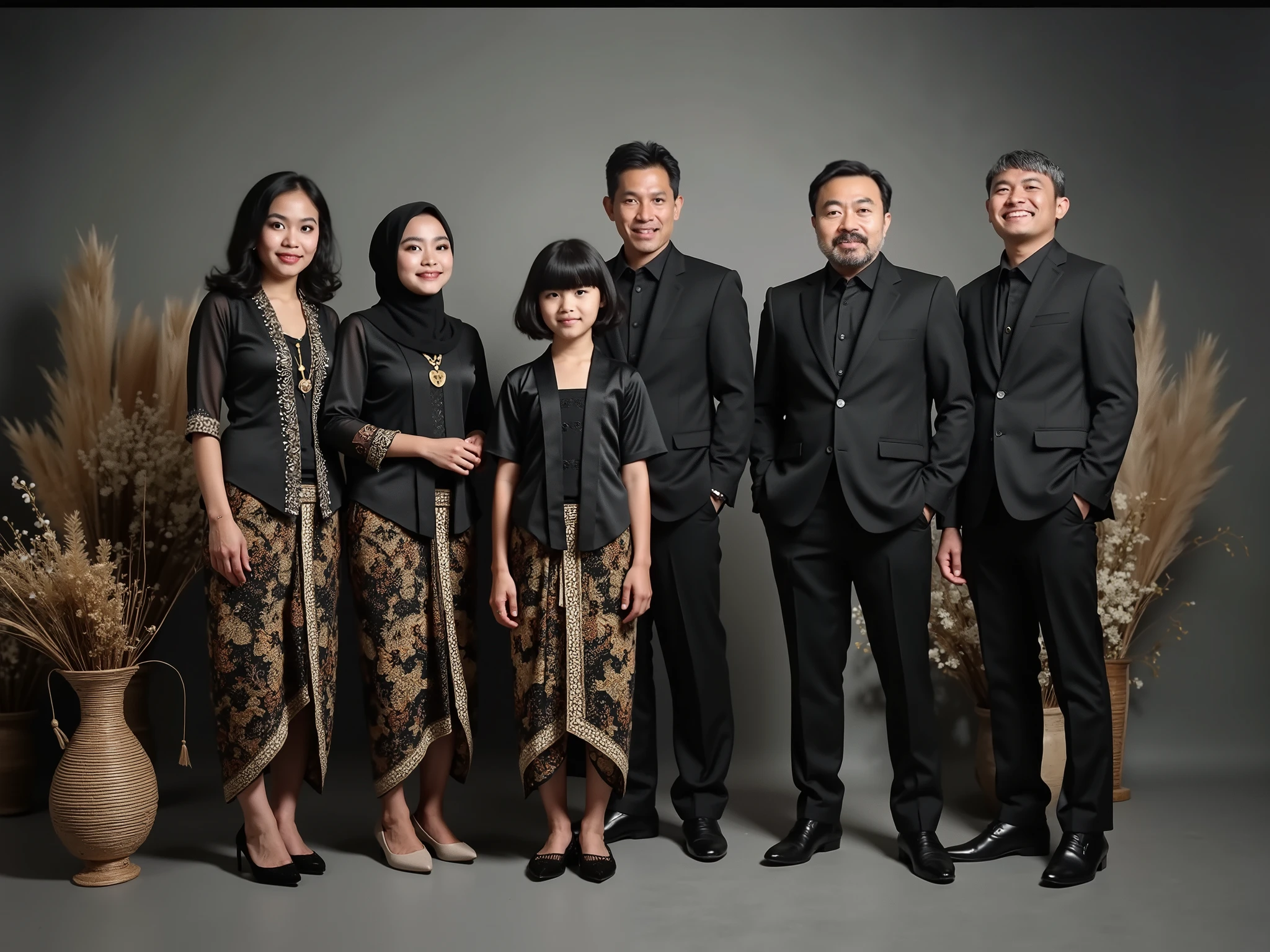 Stunning UHD photos of the entire body of an Indonesian family elegantly dressed for a special occasion. Six member. Standing in middle there is a girl wearing black kebaya and batik bottom, beside her there is a parent aged 50, father wearing black suit and mother wearing same black kebaya with hijab. Beside them there is a woman aged 23 wearing black kebaya with batik bottom and two man aged 25 wearing black suit. They are standing together. Background in the studio photo with grey, good lighting, UHD photo.