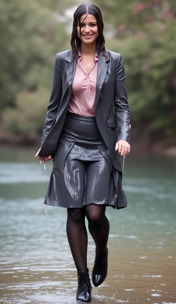 ((Masterpiece, realistic, excellent photo quality)), (( Face photorealistic:1.8, Nikon)), ((Beautiful, attractive auburn haired supermodels wearing shiny wet grey office suit with short pencil skirt, jacket with nametag, white blouse, pantyhose, high heel grey pumps, standing outdoors under a large round drain pipe draining water)), (drain water ;1.7), (water running thru clothes), (wet clothes:1.6), front view leaning back under draining water, wetting, big smile, feet standing in water puddle, arms raised in drain water,