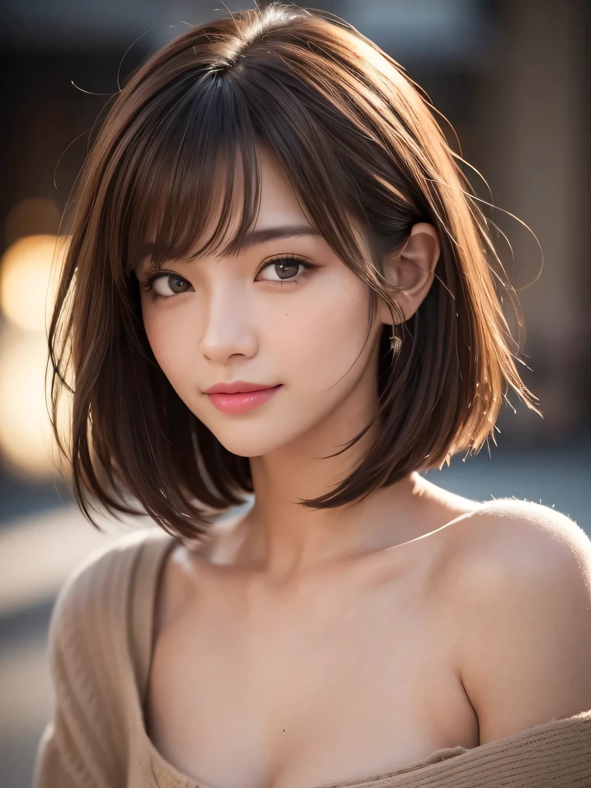 masterpiece, best quality, ultra-detailed, intricately detailed hyperdetailed, realistic, sharp features, highly detailed, sharp focus, 20 years old, perfect face, perfect face, perfect symmetrically perfect eyes, perfect full lips, flexible female form, film light, hyper detailed, hyper realistic, high resolution, vibrant, dynamic studio lighting, short hair, Brown Hair, Shoulder Length Layered, asymmetrical bangs, brown Eyes, (Impish Smile:1.2), cowboy shot,