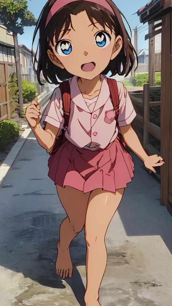 ((Masterpiece)), (best quality), 1girl, JuriAndou, smile, happy, beautiful outdoor setting, glasses, backpack, bus stop, upskirt focus view, under view, long skirt lift, lowered panties, back view, wet pussy