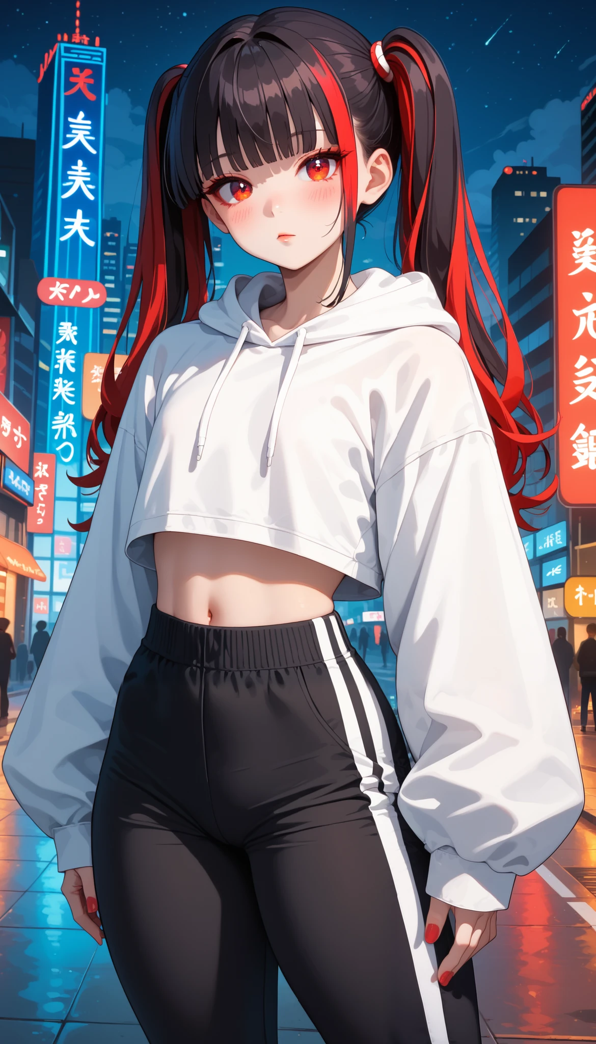 score_9, score_8_up, score_7_up, vivid colors, (1girl, older woman's, solo, Chuunibyou), (twintails, extremely long black hair (red highlights in hair), straight bangs), hair past waist, stunning red eyes, pale white skin (no make-up), (flat chest) high waisted trackpants, cropped hoodie, black and white clothes, thick thighs, (blush), standing , looking at viewer, night city, neon city, masterpiece, 8k quality, lovecraftian monster girl