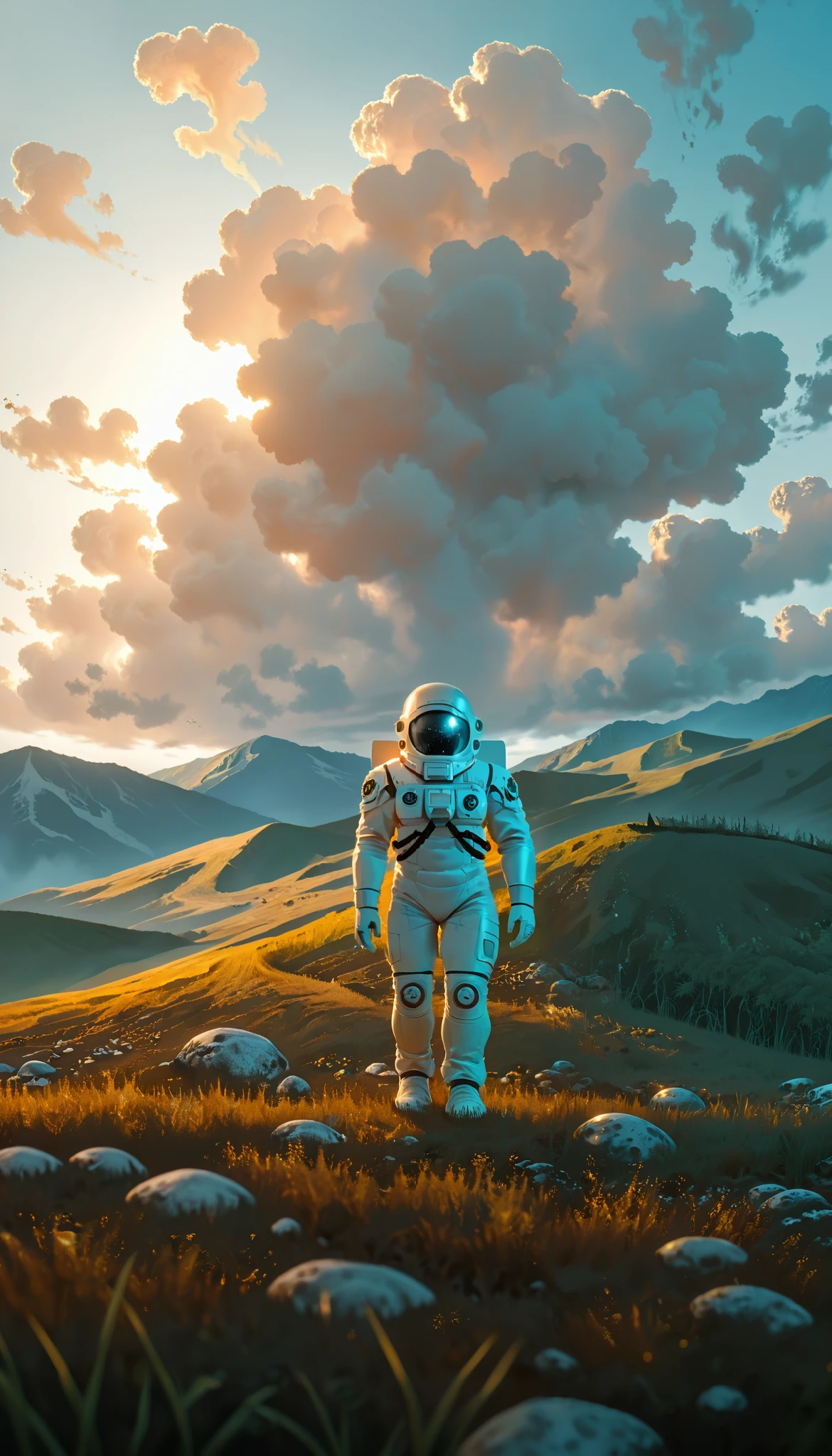 an astronaut,( full body:0.8), (science-fiction astronaut :1.3) with a (lunar vehicle :1.4), (hostile planet ),(mountains:1.2) (Tall grass:1.4), rocks, fluffy clouds in the sky, highly detailed , Fine details, intricate,(bloom:0.8), Great depth of field , aliens with tentacles stalking the astronaut,Aliens in the grass ,(alien:1.2)