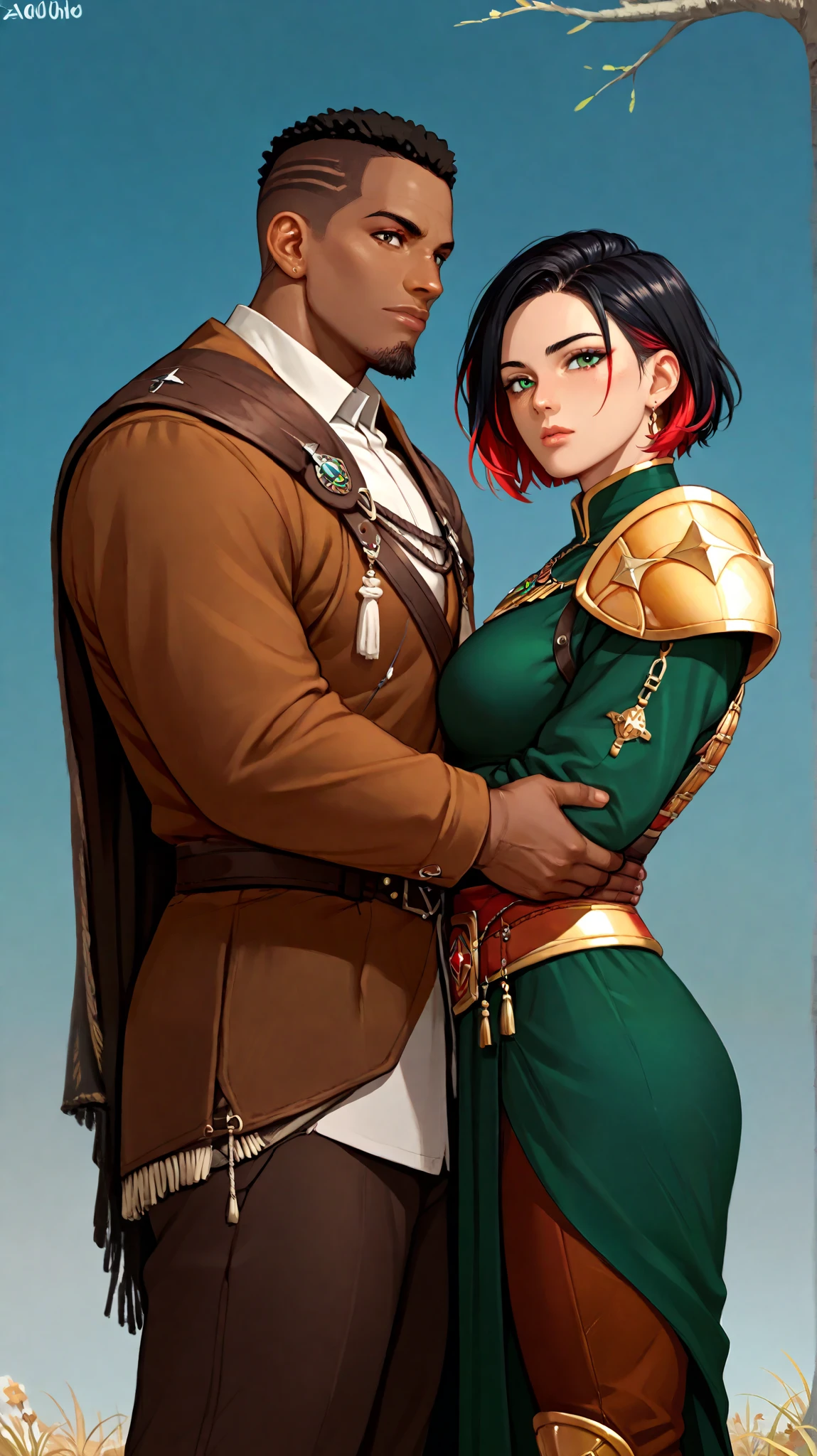 Homem e uma mulher se beijando, homem de cabelo loiro e longo, olhos azuis, peitoral gigante, corpo forte, Corpo com muita veia, armadura de viking, espada gigantesca, Mulher de cabelo curto e preto, olhos verdes, mid chest, sexy, curvas apontadas, Corpo sensual, roupa da pano, medieval setting, imagem HD, Imagem limpa, Imagem 4k, alta resolução, obra prima, manga art