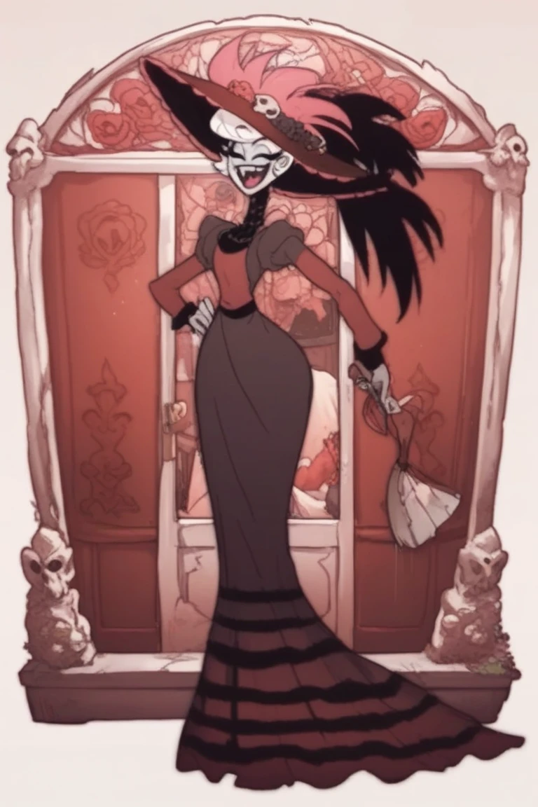 Dibujo estilo hazbin hotel, mujer demonio cisne, con alas en la espalda, vestido siglo XIX moderno, sin pico, pale color, alta, esbelta, elegante, cara humana, plumas timoneras, cabello negro mediano, sombrero pluma roja con velo corto negro, delineado negro
