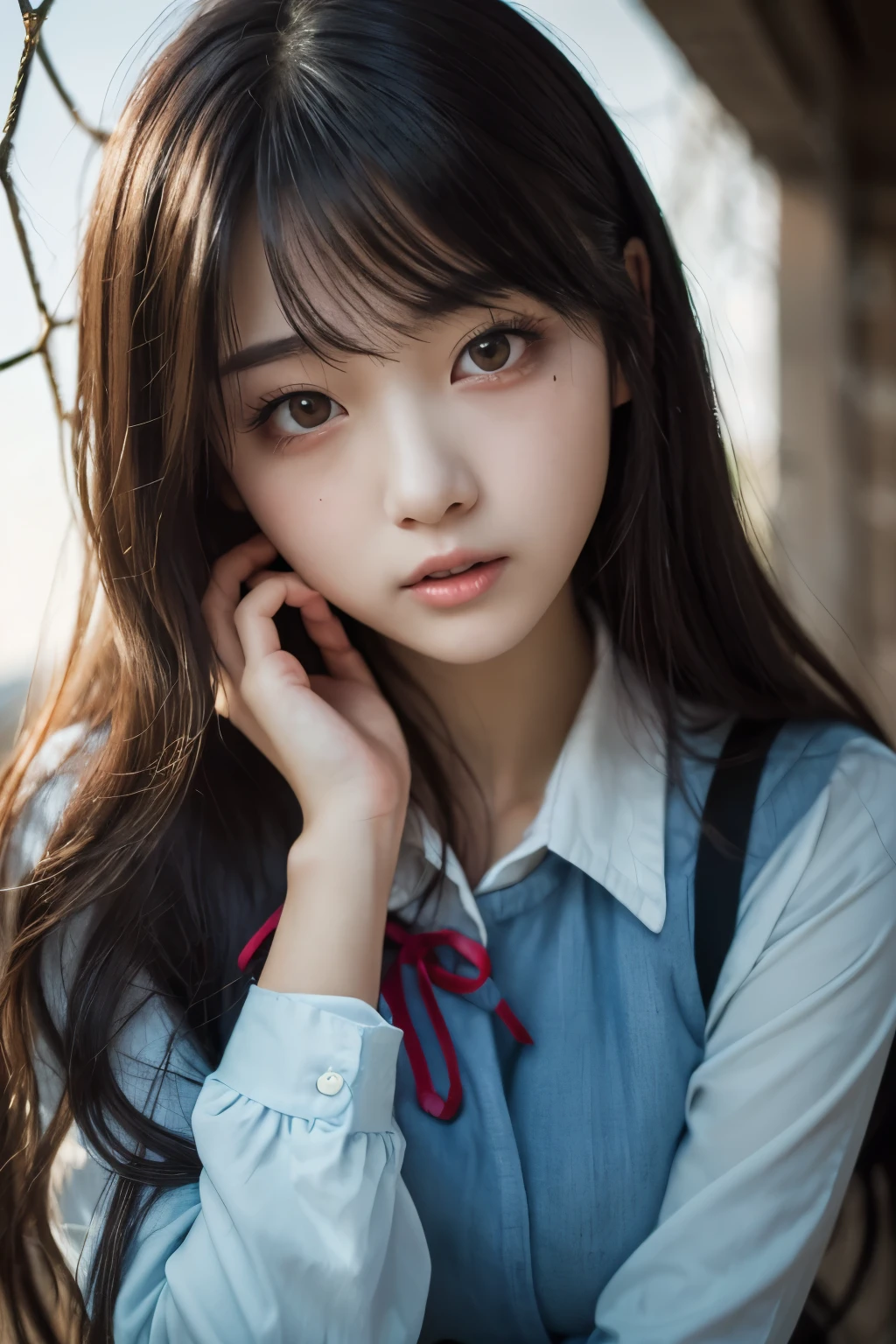 Tabletop, Highest quality, 8K, 1 Girl, 20th Generation, whole body, alone, beautiful, Girlish, Delicate Gothic Lolita outfit, RAW Photos, Professional photography, Portraiture, Soft Light, Professional Lighting, Backlight, I look forward to seeing you, Sophisticated, Film Grain, (Eye and facial details:1.0), Medium length floating hair, Beautiful, flowing hair, bangs,