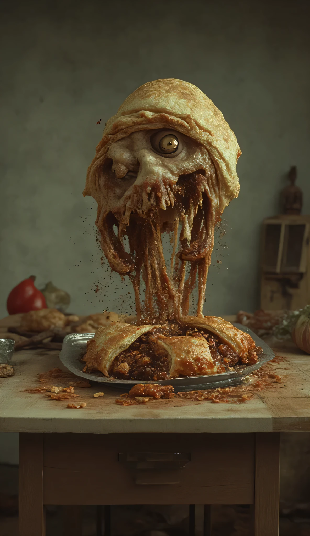 Cheburek food lying on the table , monster transforms